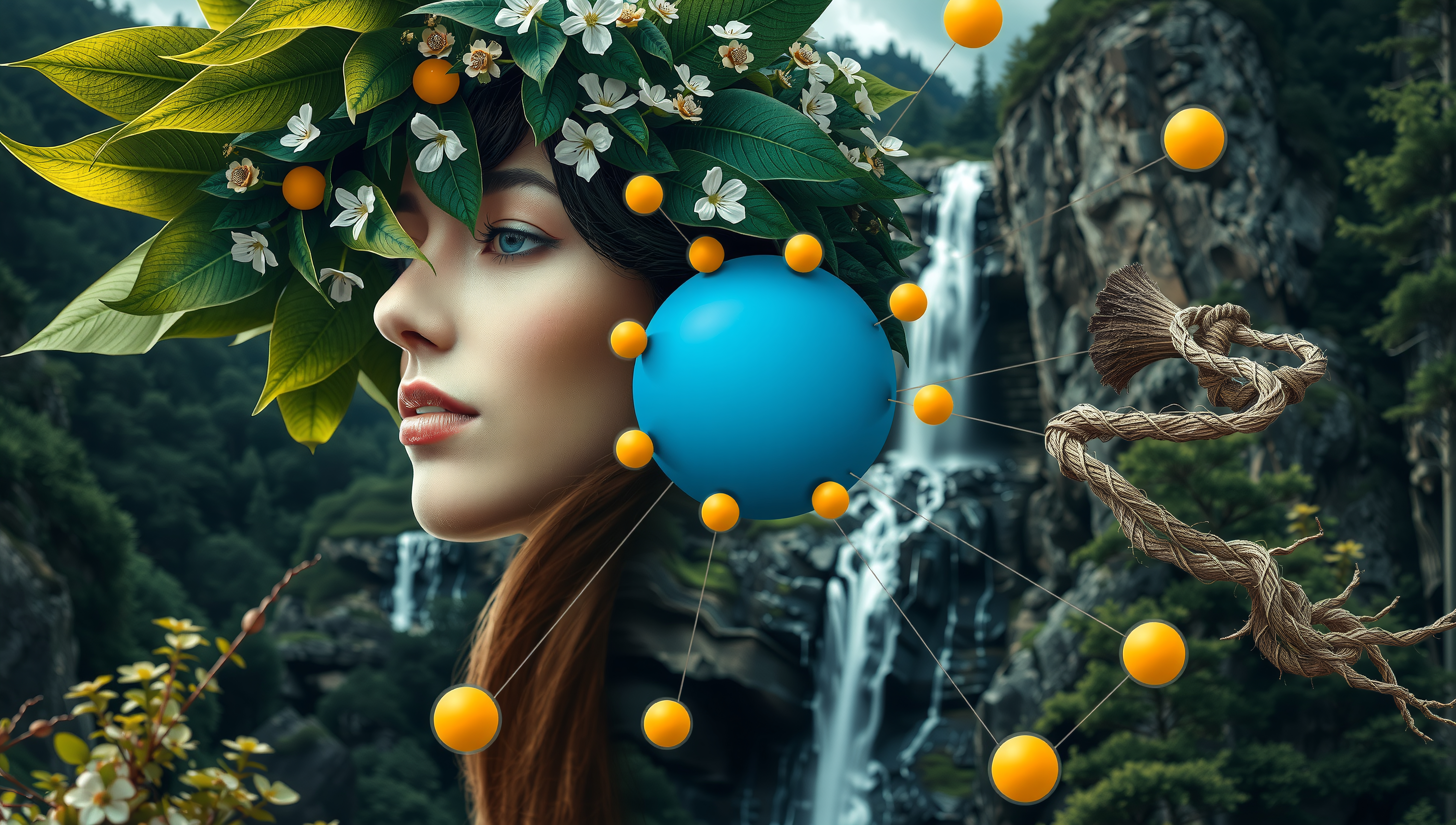 Abstract portrait with natural elements, featuring a woman's face, foliage, flowers, and spheres in a surreal landscape.