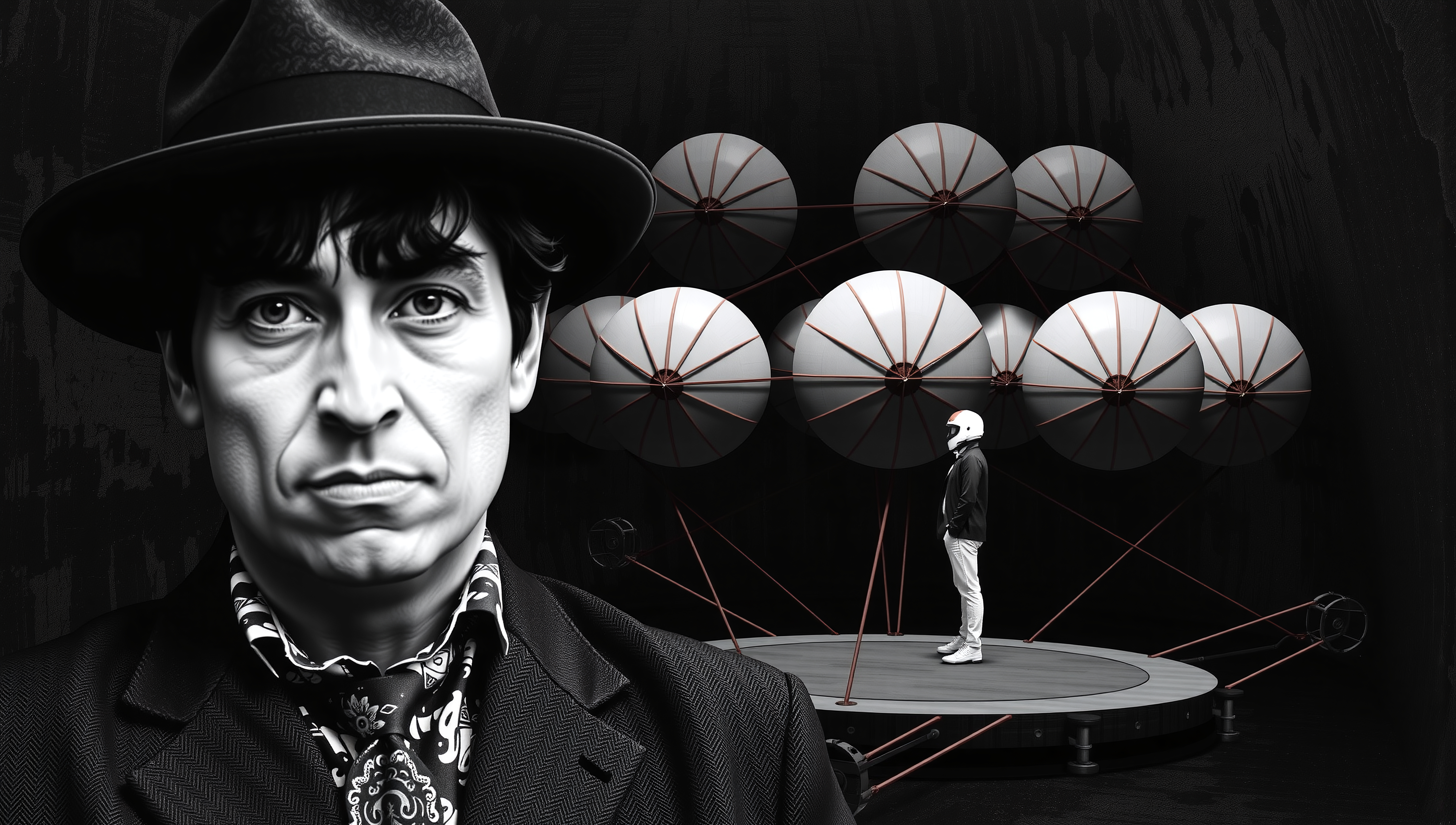 A person in a dark hat with a geometric structure and helmeted figure in monochrome.