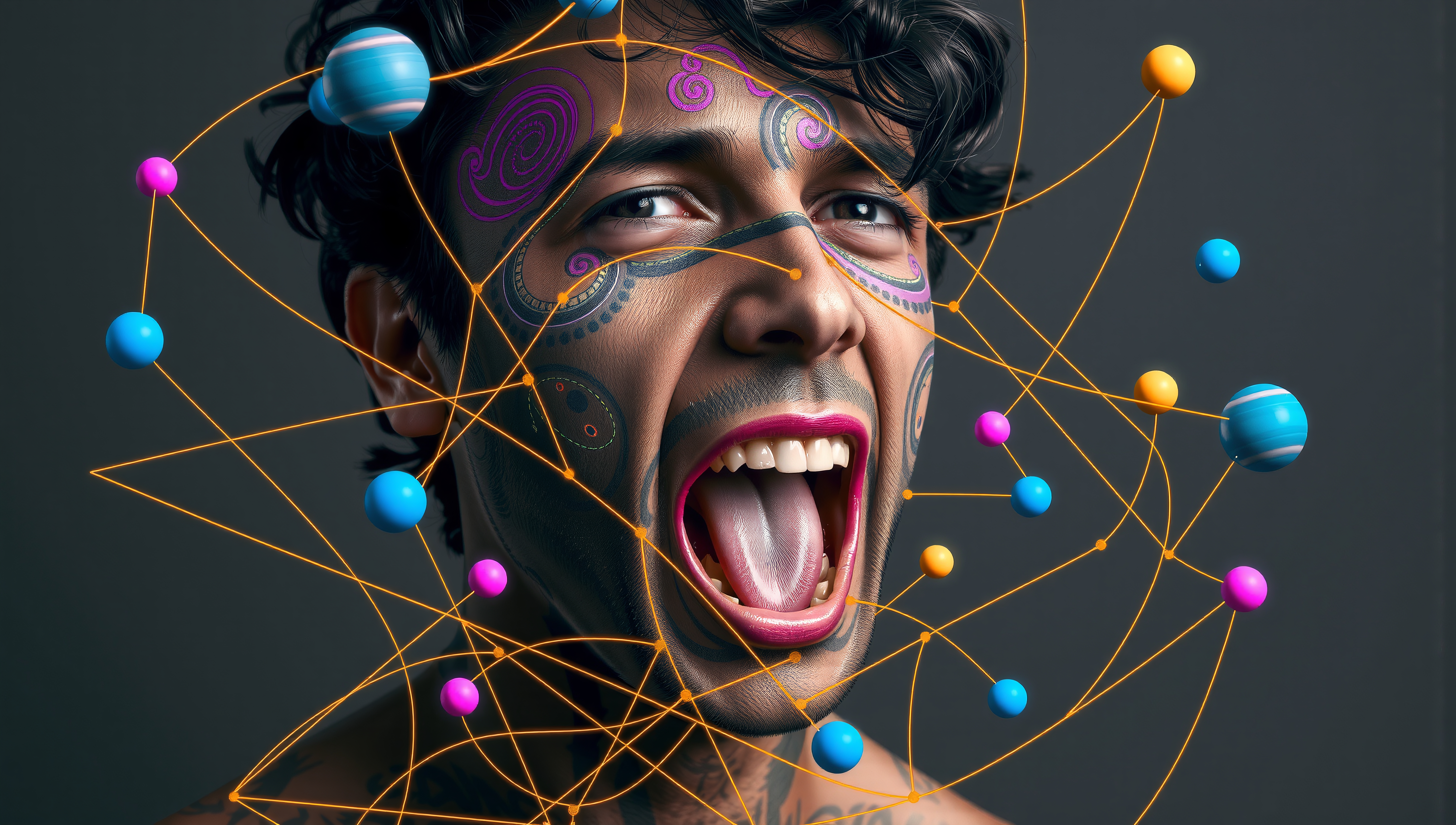 Colorful portrait of man with facial paint and floating spheres, set against a dark background.