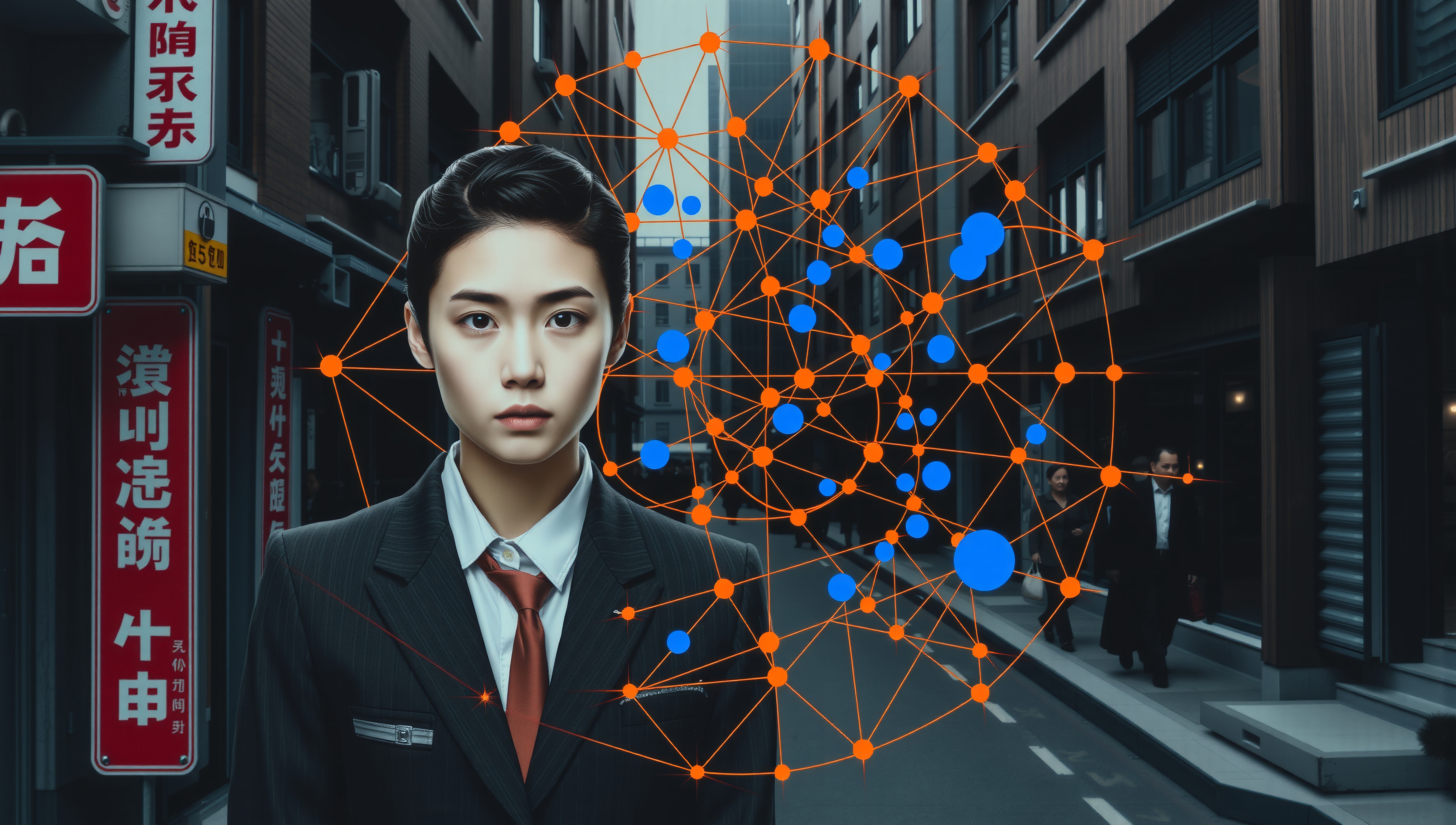 Young person in suit stands in urban alleyway with digital network overlay.