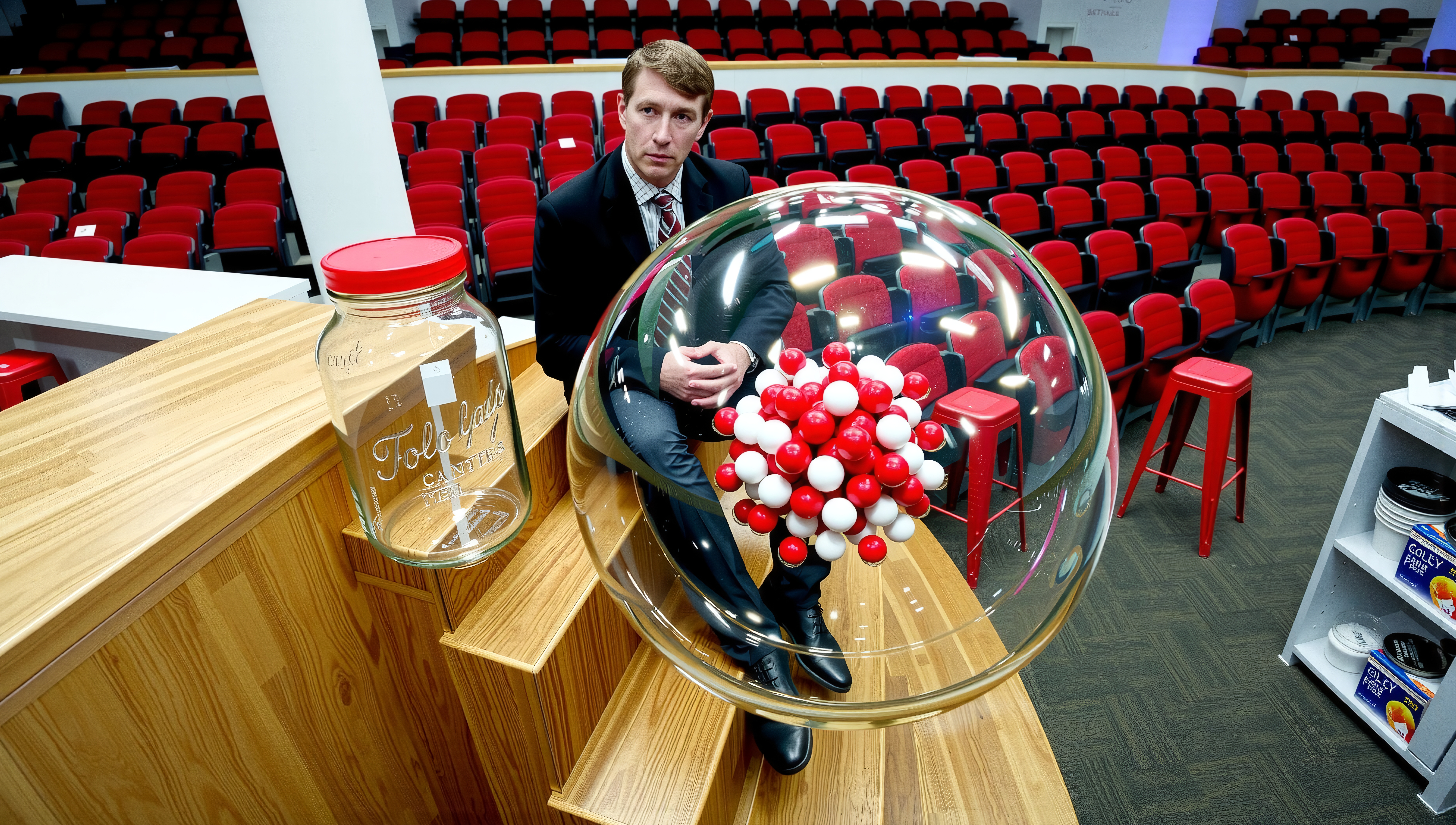 A man in a suit sits near a molecular model and glass jar in a modern auditorium.