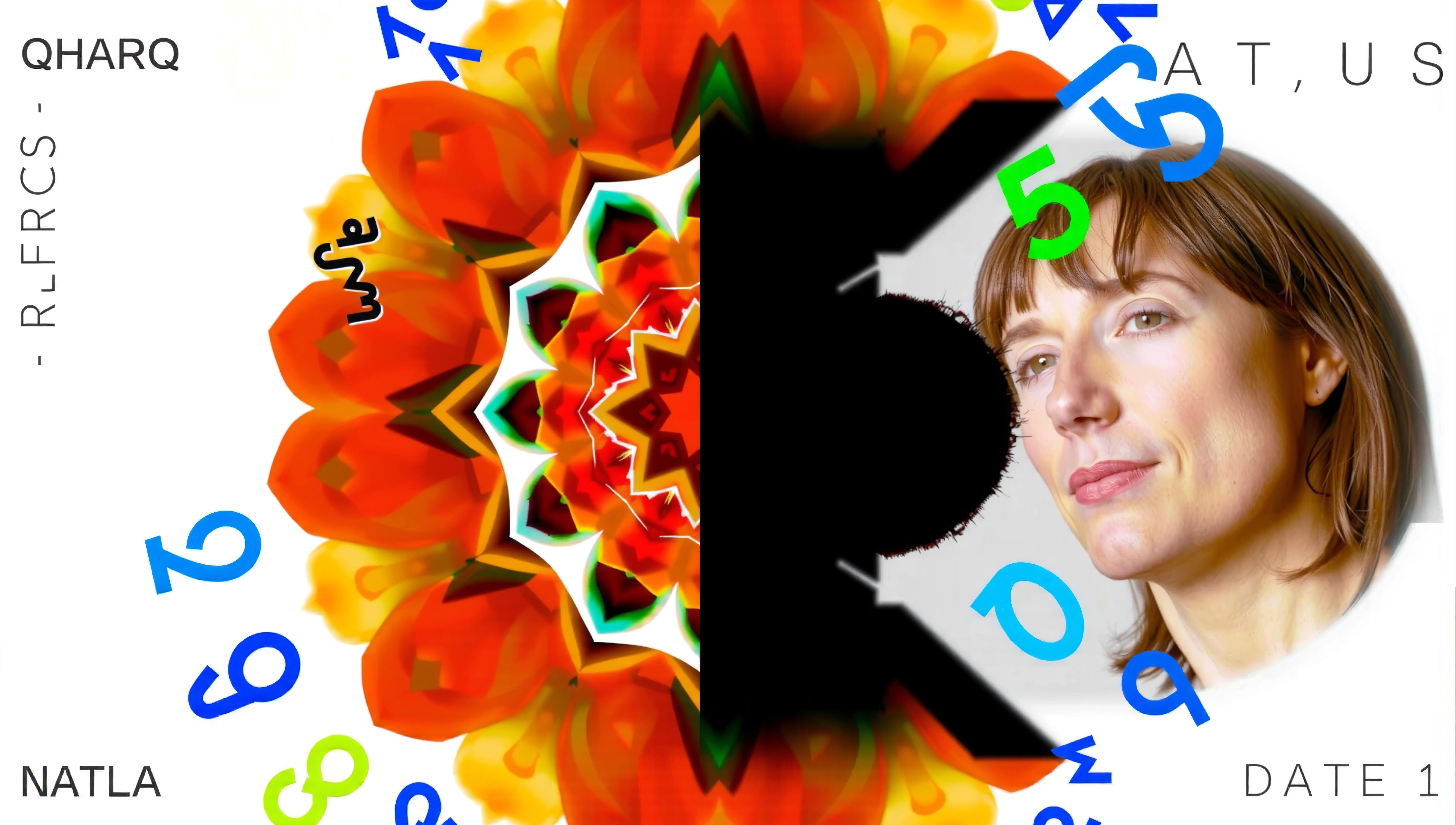 A woman’s thoughtful gaze juxtaposed with abstract kaleidoscope patterns and colorful numbers.