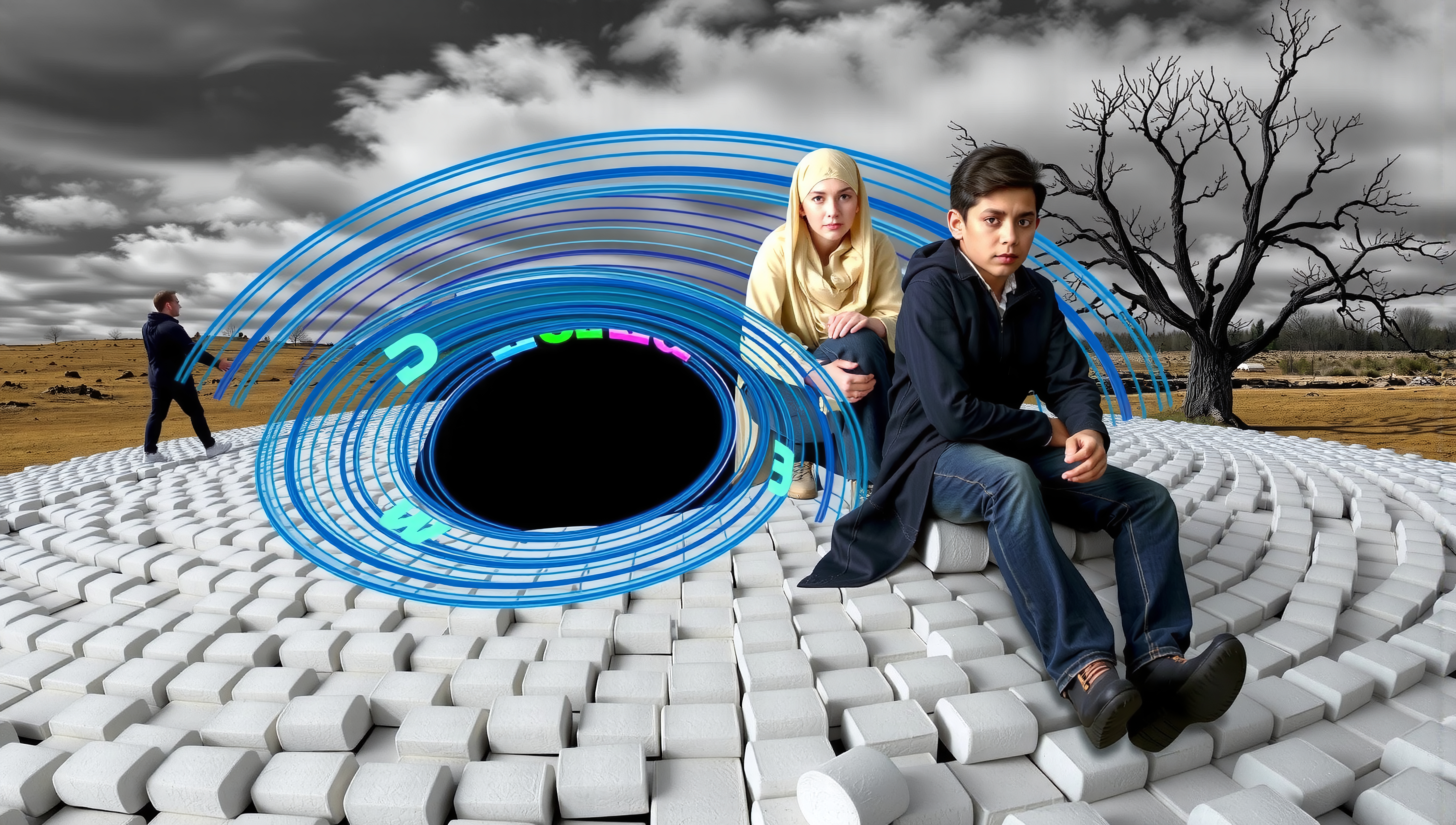 A young boy and woman sit on a white spiral structure in a barren landscape with a surreal design and a leafless tree.