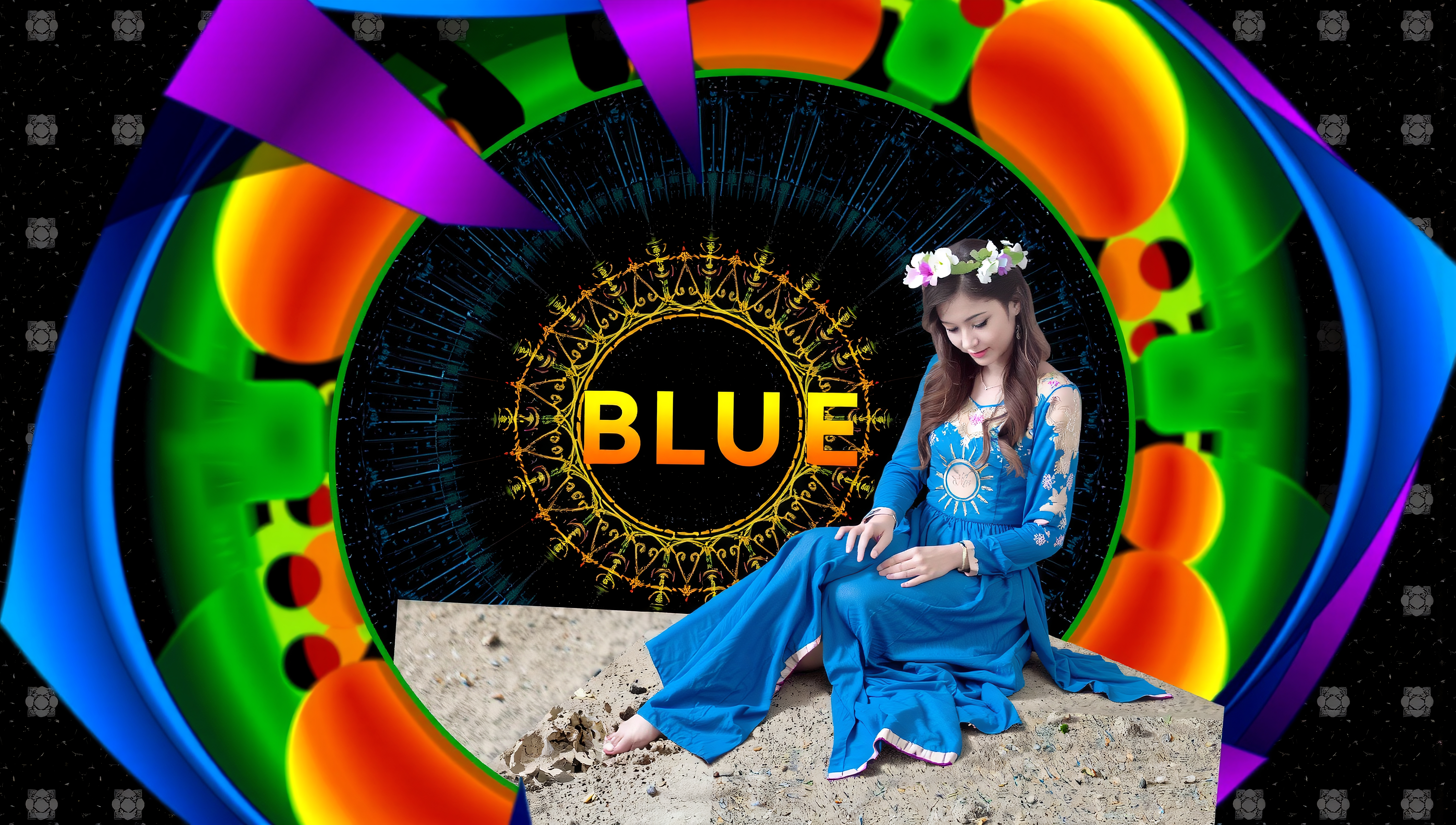 A woman in a blue dress sits against a vibrant, colorful backdrop featuring the word "BLUE."