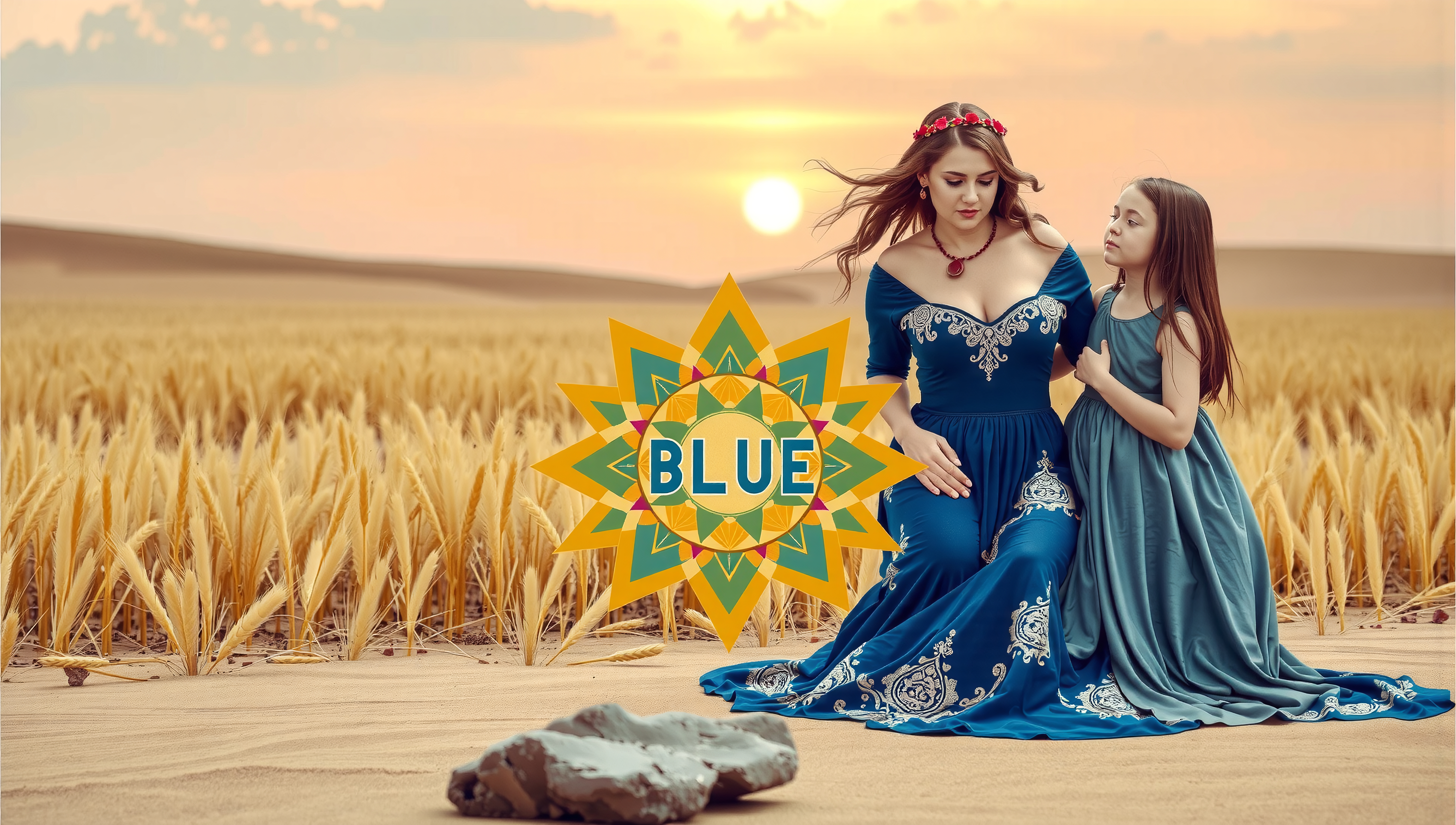 Woman and girl in blue dresses sit in a golden wheat field at sunset with colorful geometric overlay.