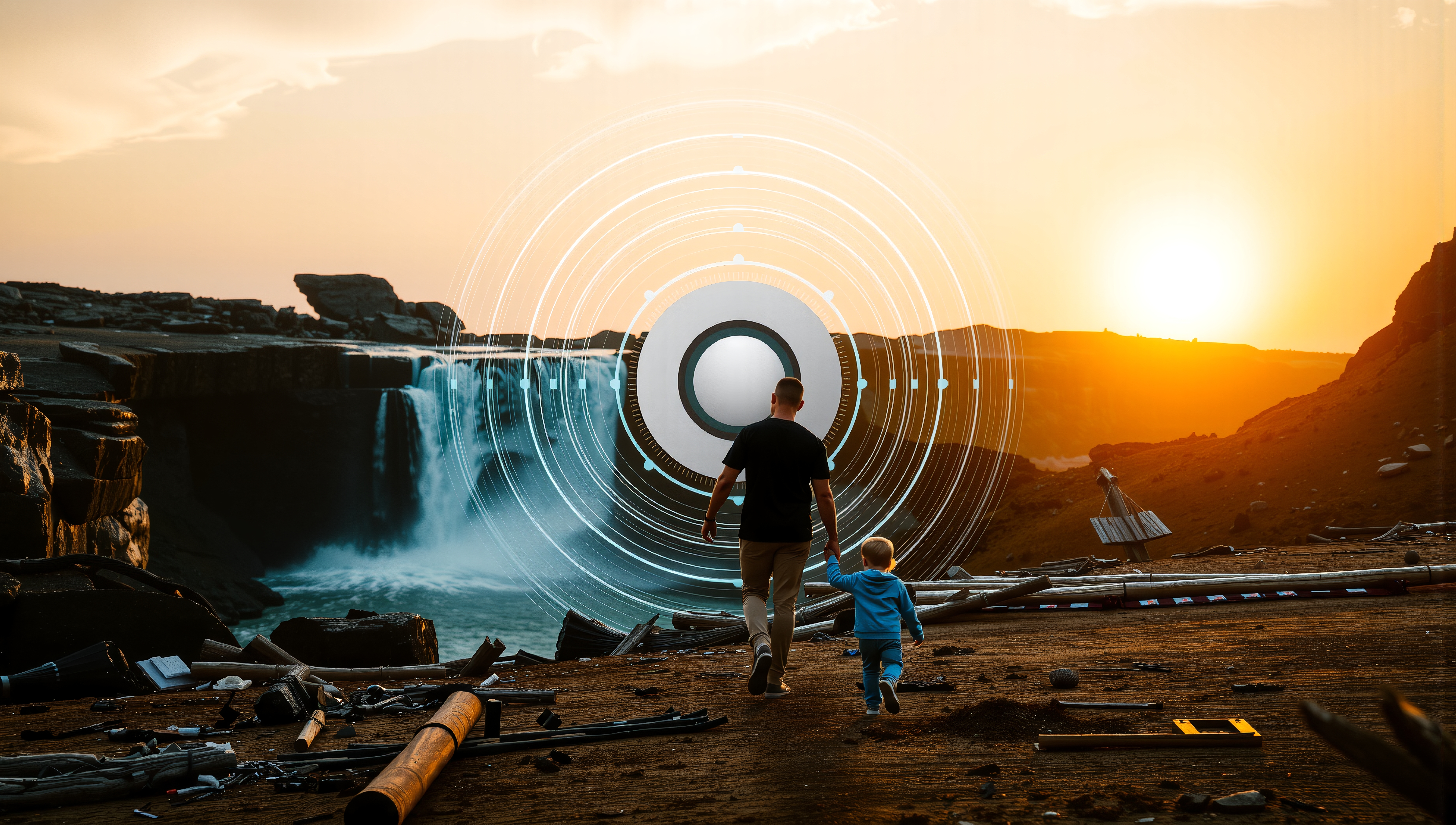 A man and child explore a futuristic landscape with digital technology, waterfall, and sunset backdrop.