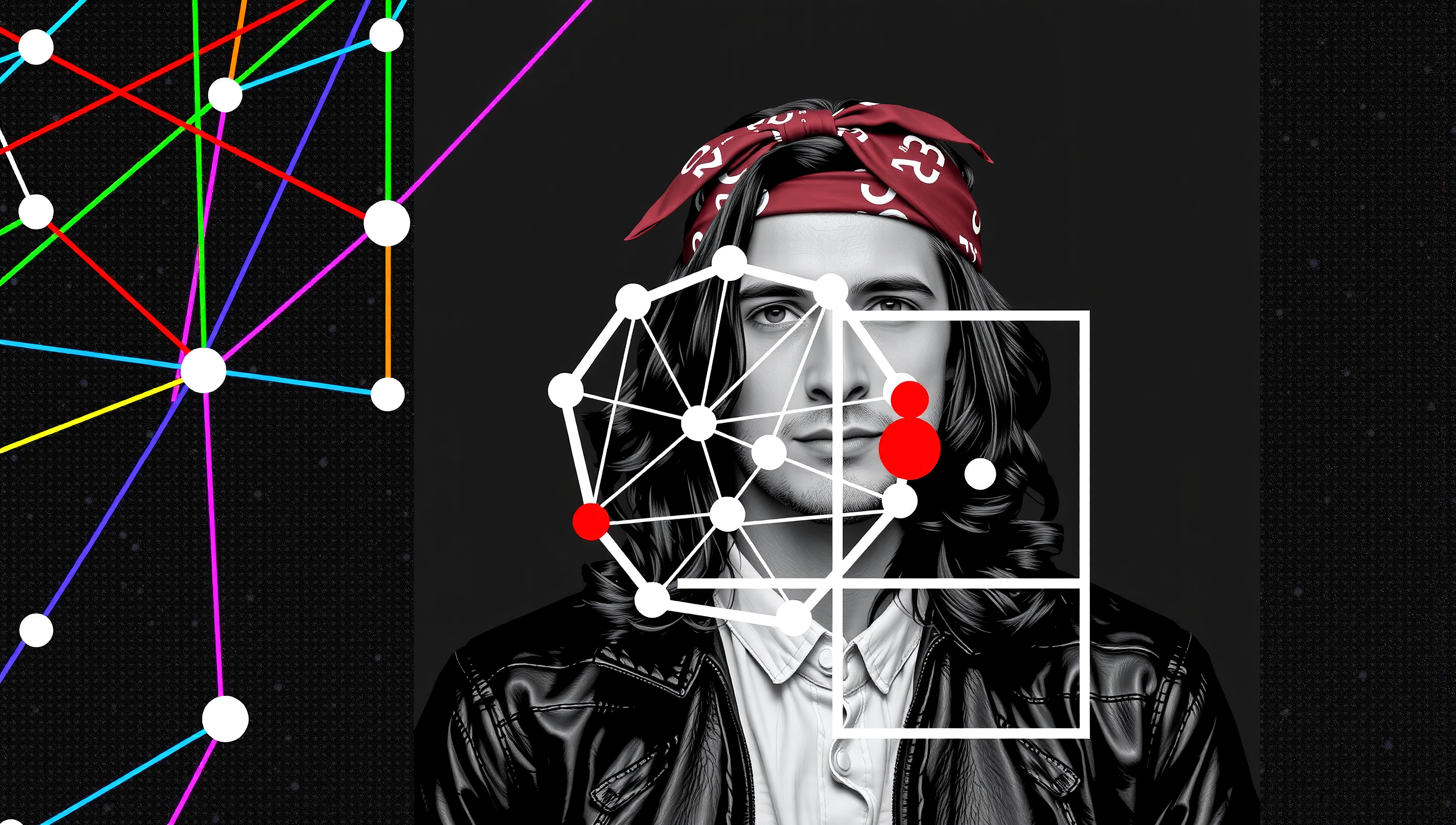 Young person with bandana and geometric art overlay.