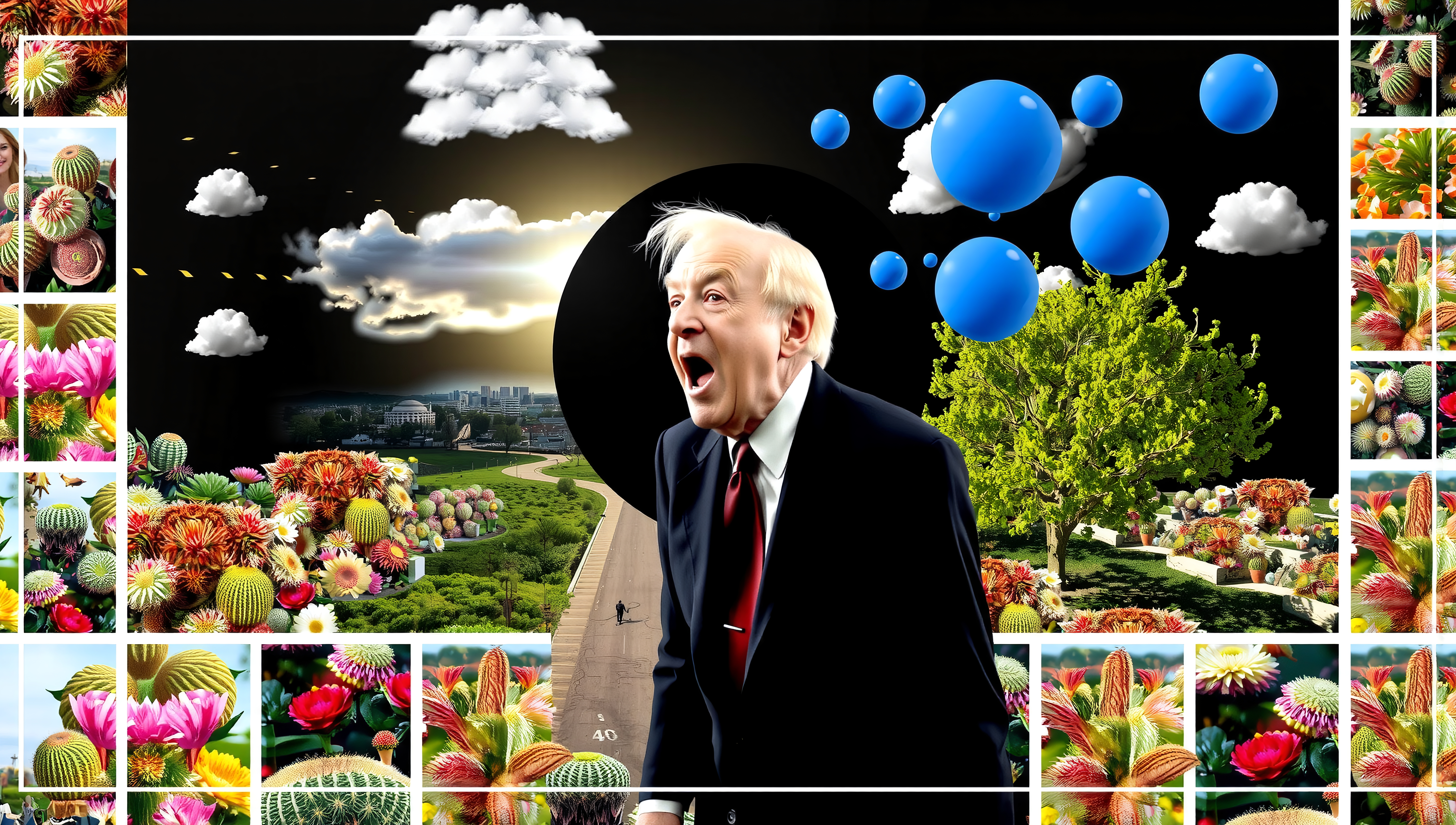 A surreal landscape with a man, blue spheres, clouds, cacti, and succulents.