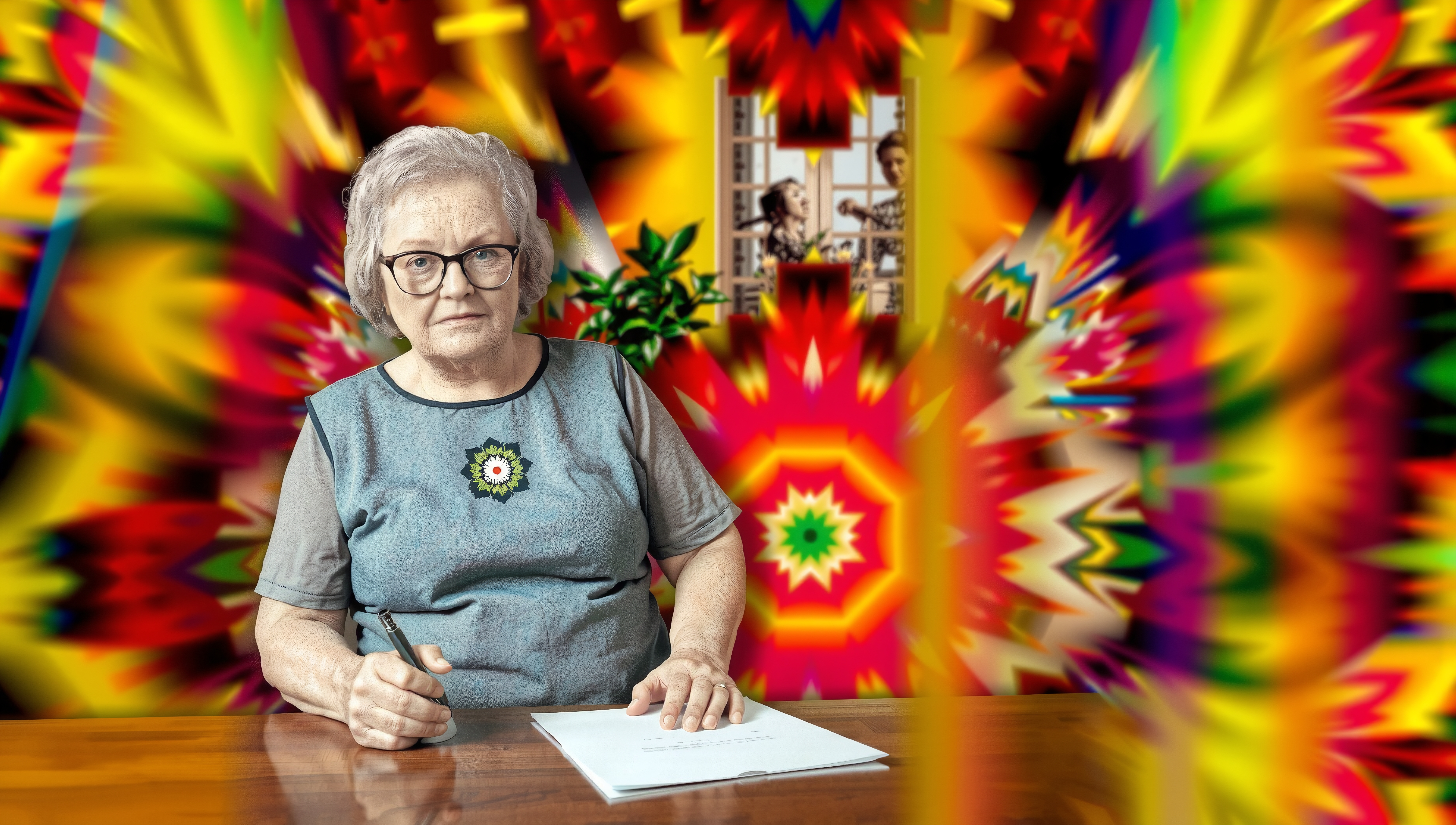 Elderly woman writing at a table with vibrant, psychedelic background.