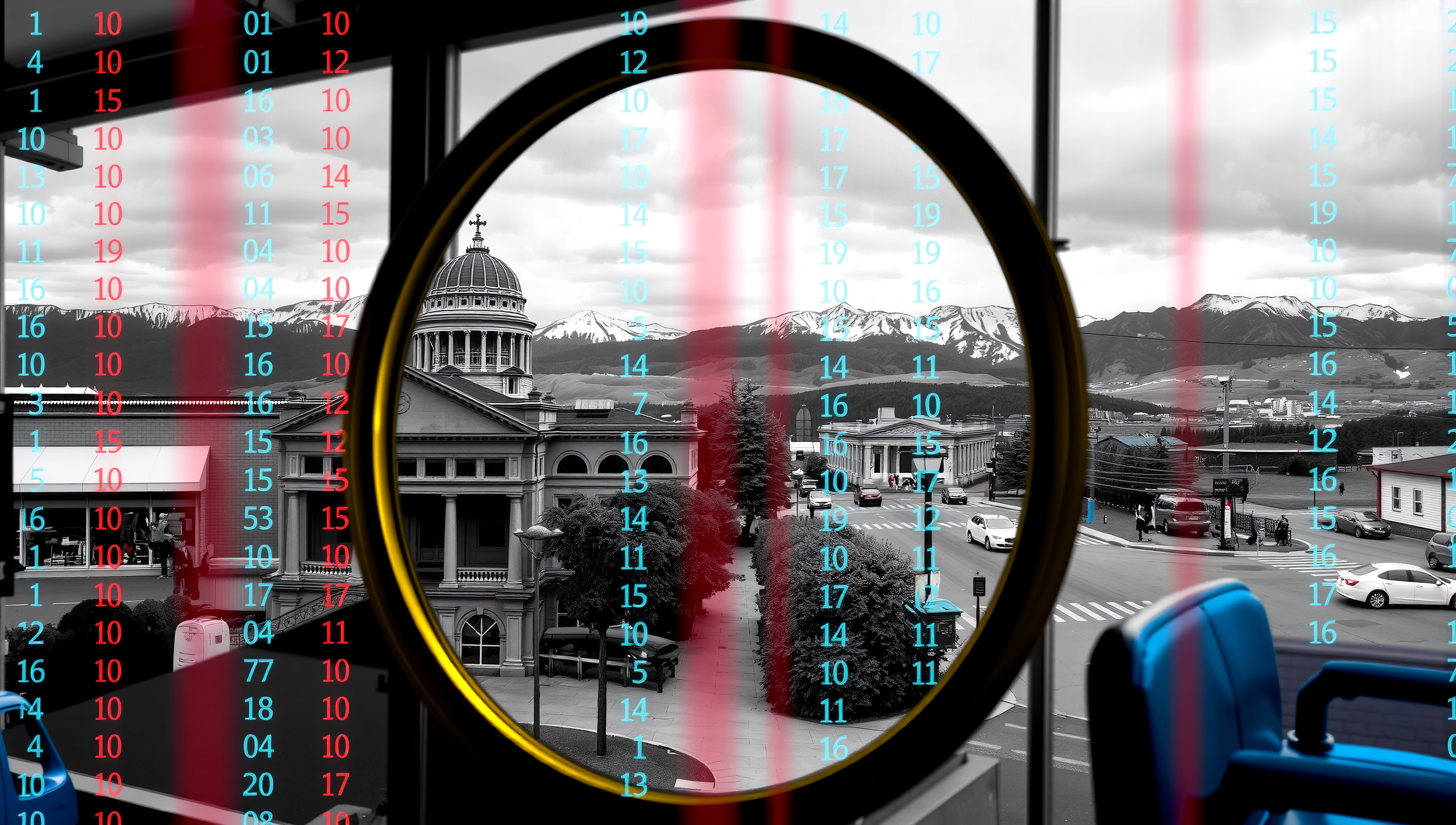 An image blending colorful digital numbers, classic architecture, and mountain landscape.
