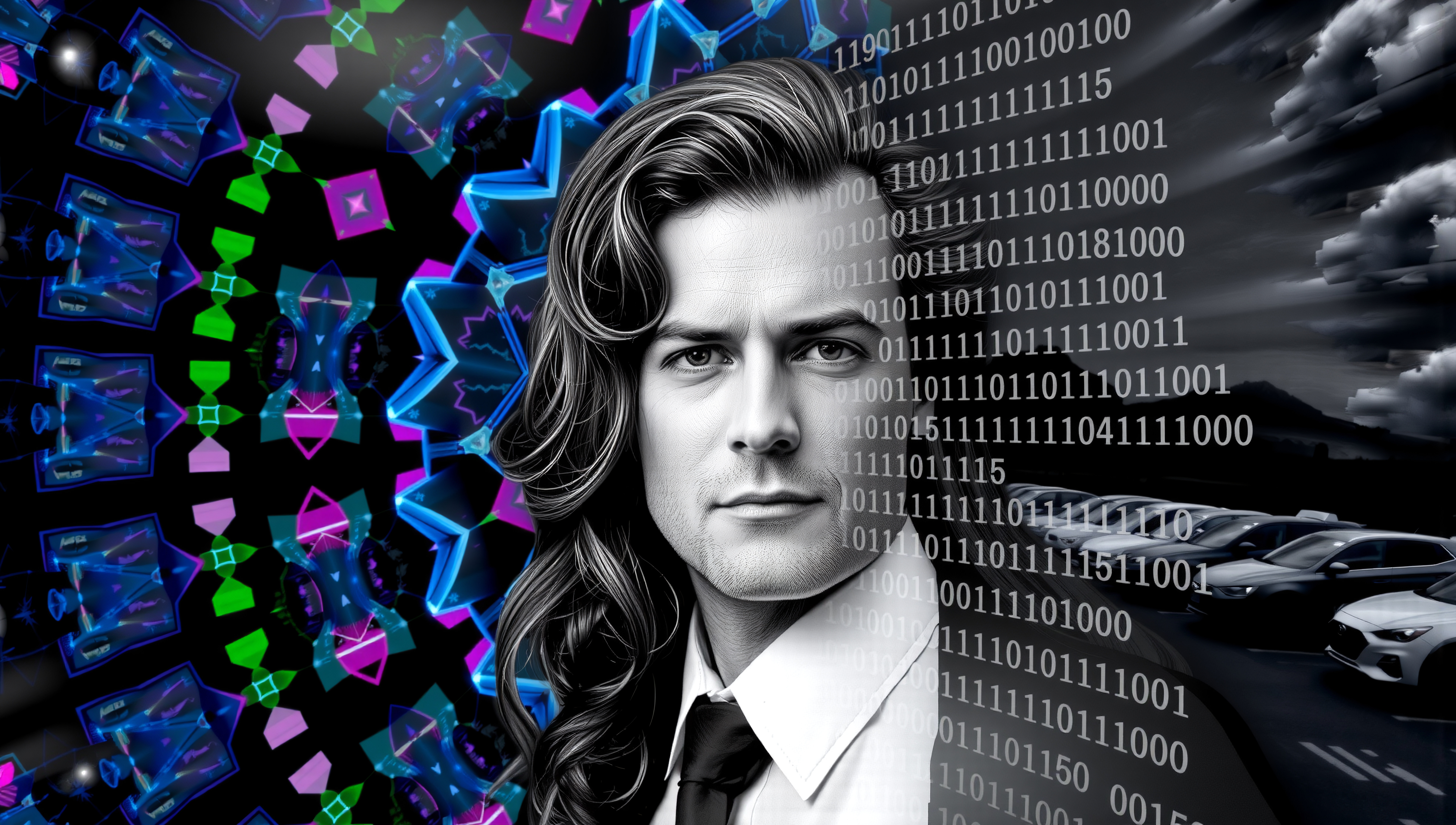 A professional man stands amidst a vibrant kaleidoscope and binary-coded world, symbolizing the intersection of creativity and technology.