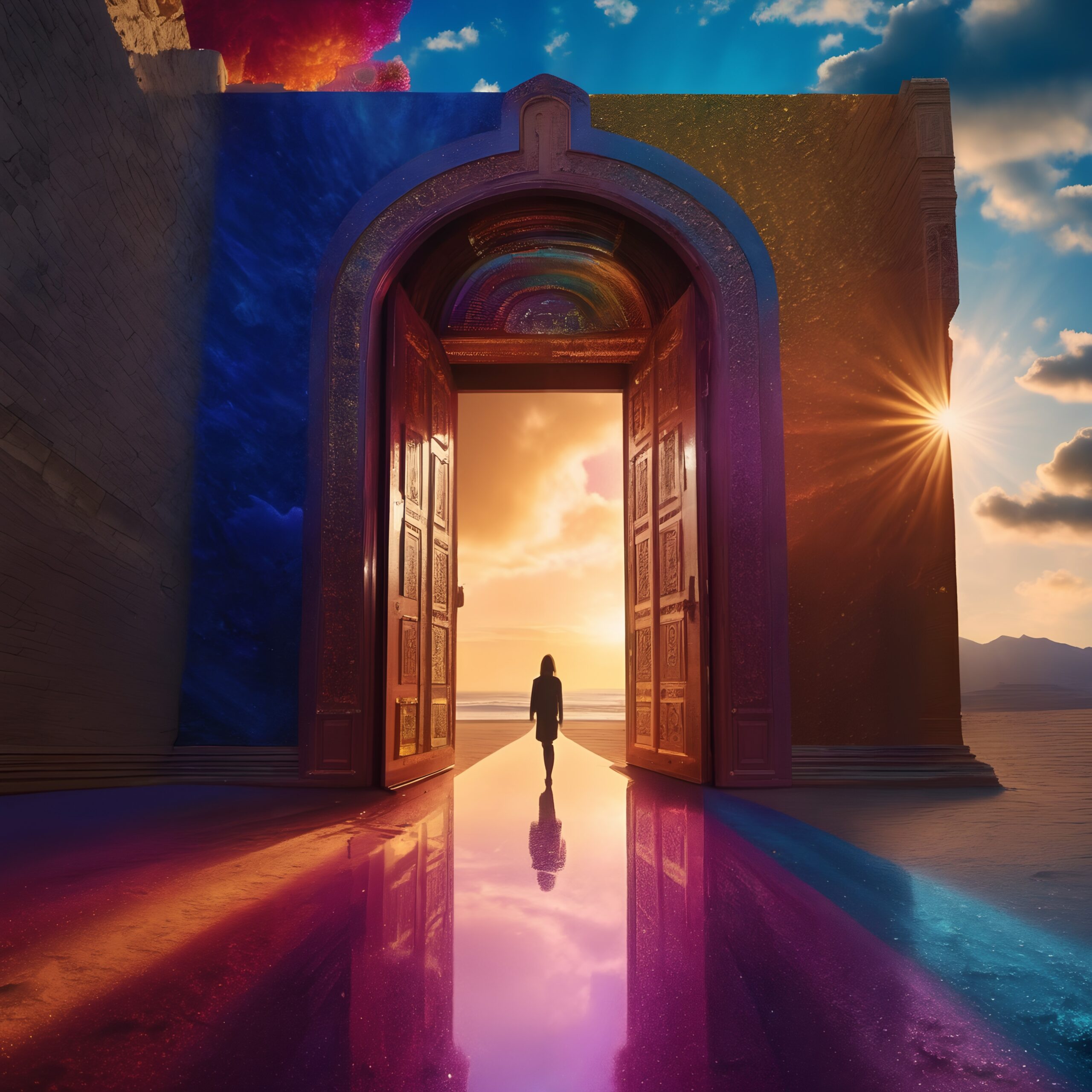 A person stands in a vibrant, surreal landscape with a sunset behind them, framed by an ornate doorway leading to an imaginative scene.