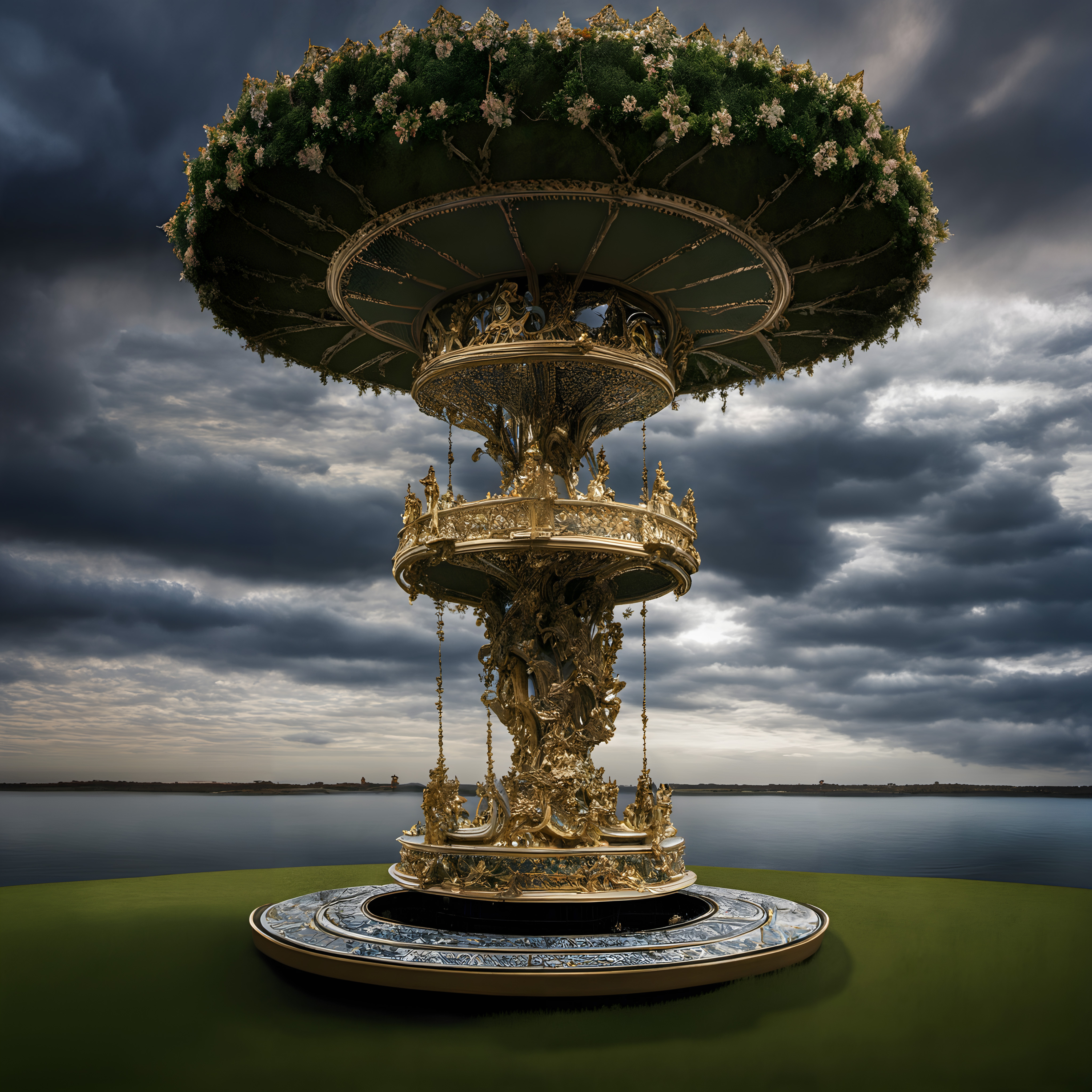 An ornate golden carousel stands majestically against a stormy sky over tranquil waters, exuding elegance and grandeur.