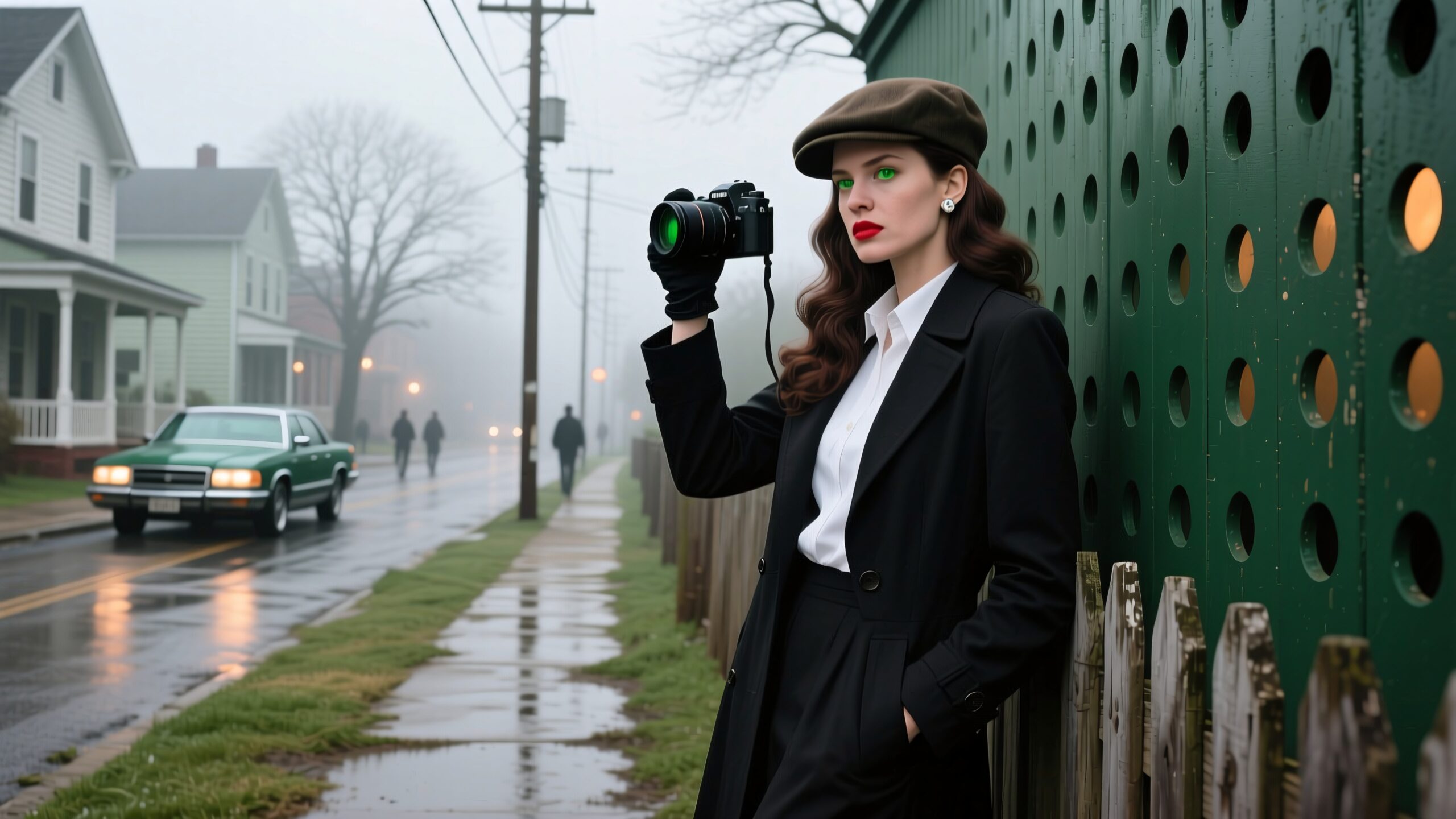 A woman in vintage attire with a camera stands on a foggy street, exuding mystery and elegance.