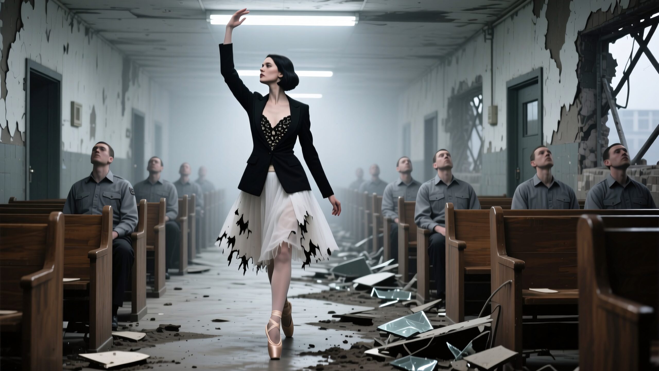 Ballerina walking through debris-filled hallway with seated men, contrasting grace and chaos.