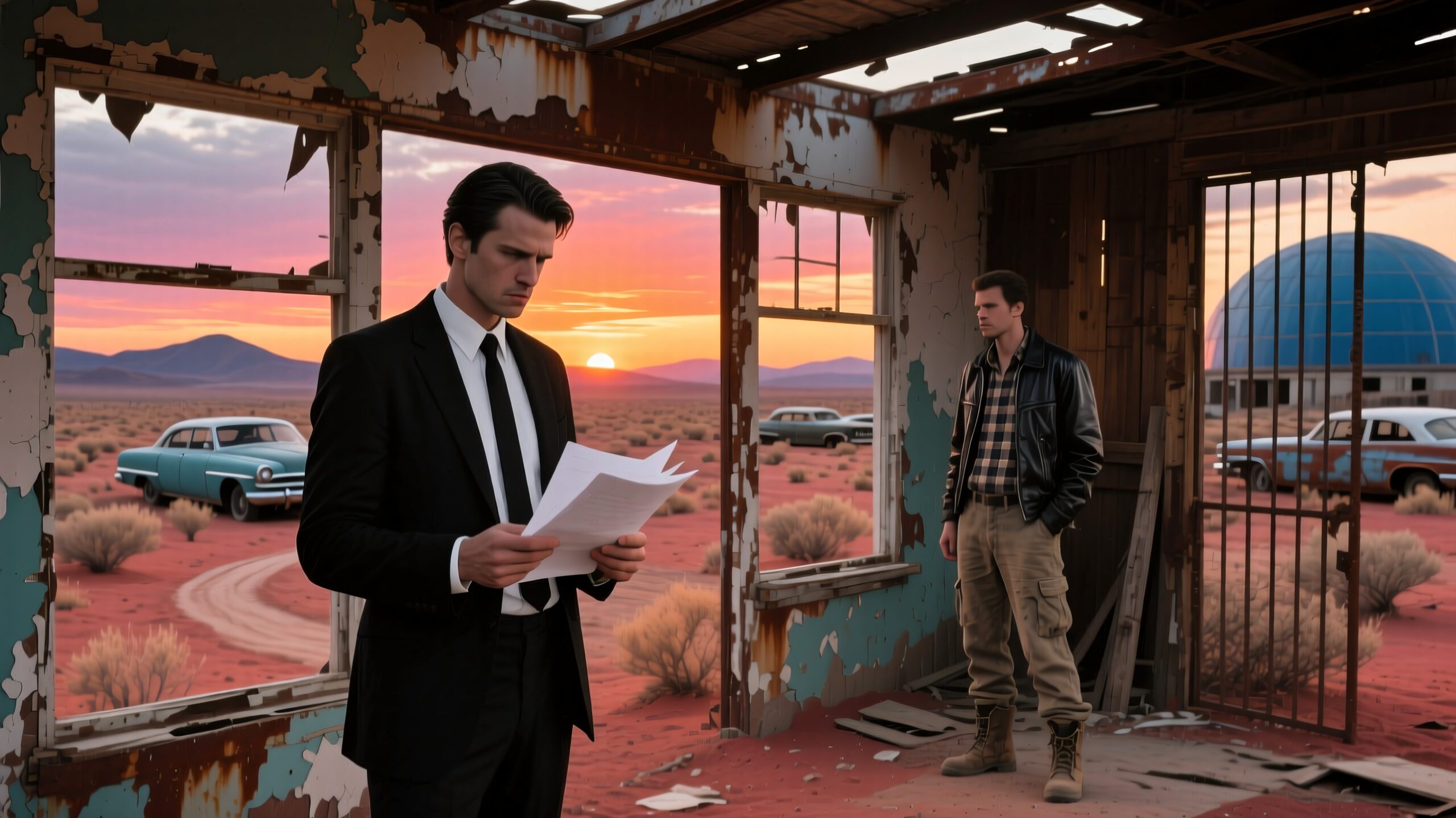 Two men in suits and casual wear in an abandoned building at sunset in the desert with vintage cars.