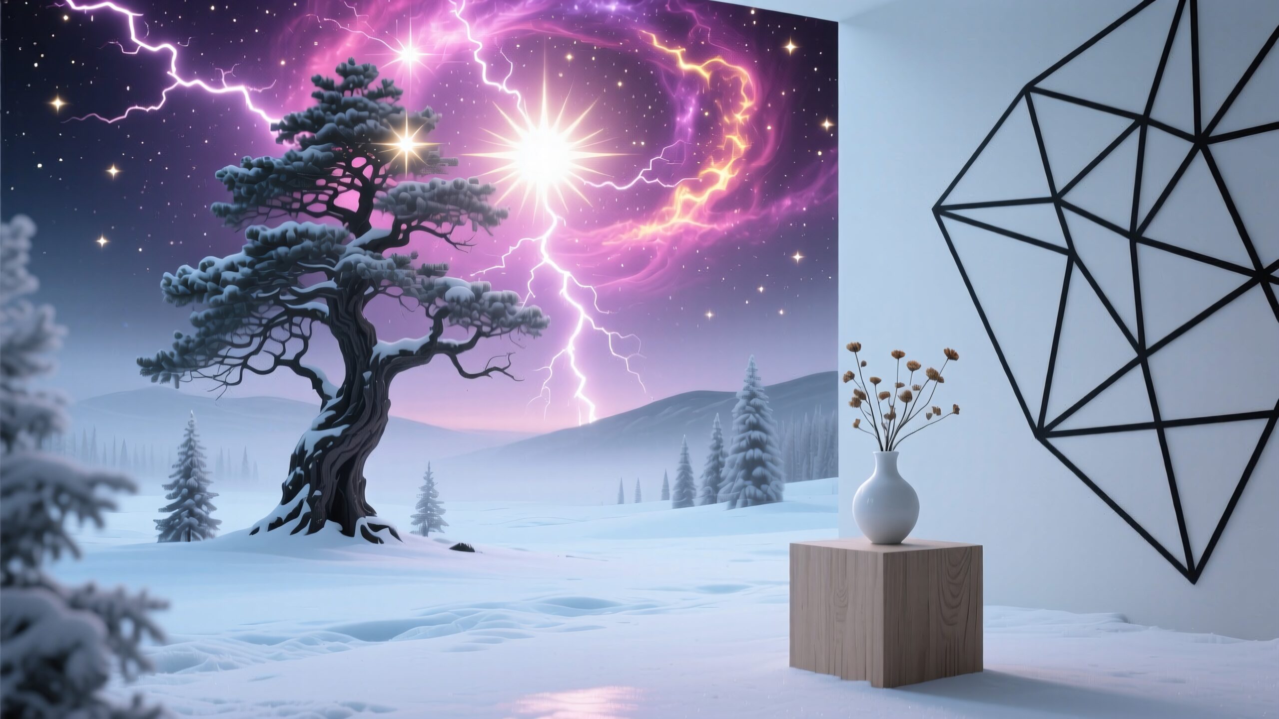 A snowy landscape features a lone tree and a vibrant cosmic sky, blending nature and modern interior design elements.