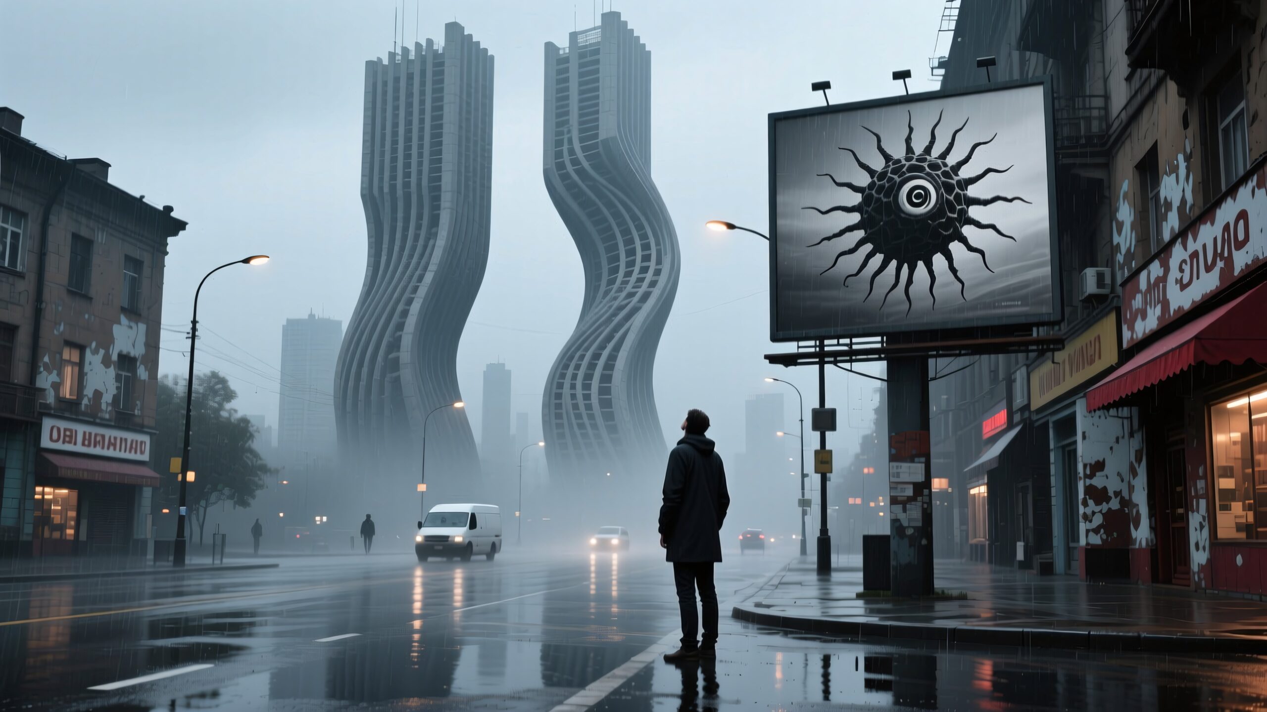 Futuristic city scene featuring twisting skyscrapers and a rainy street.