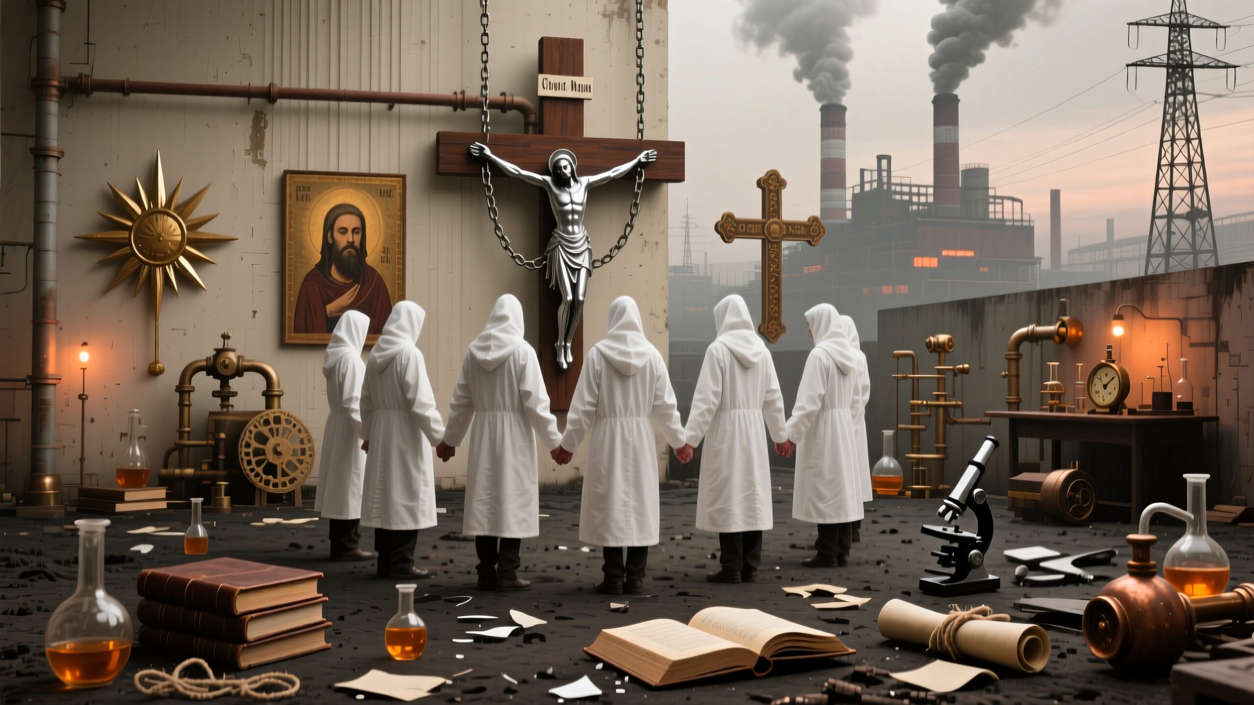People in white robes study a crucifix in an industrial lab.