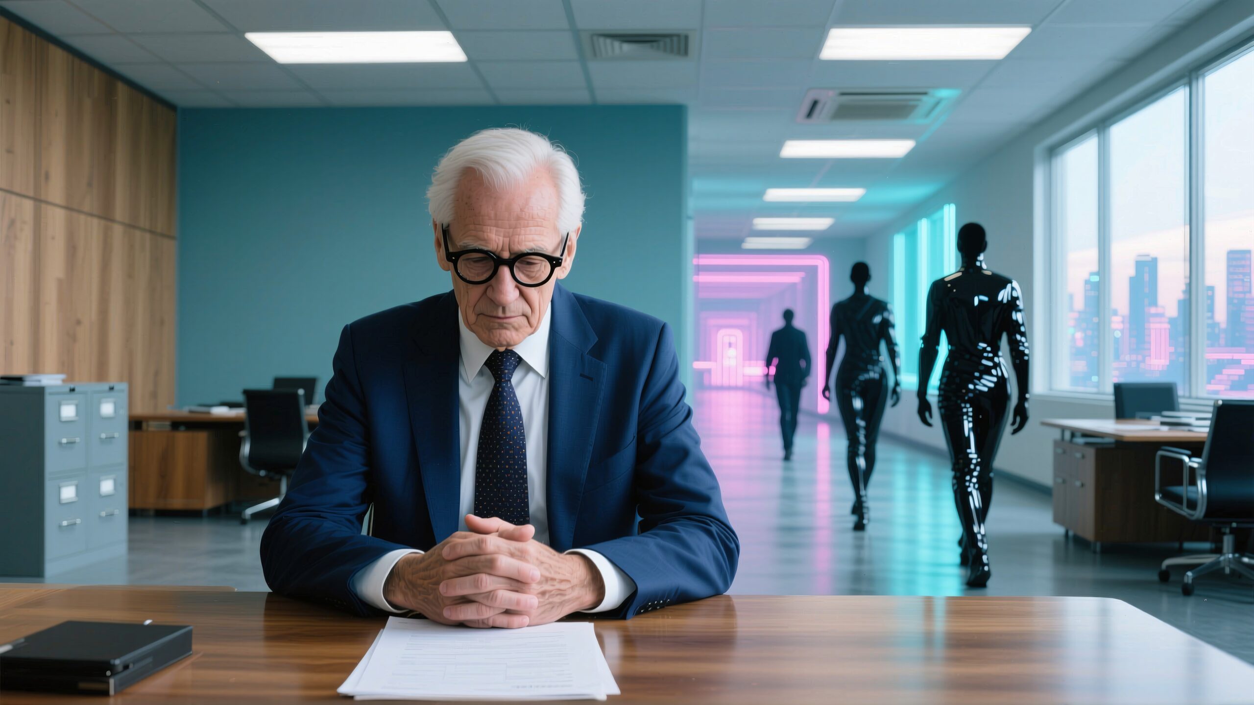 An elderly man sits thoughtfully at a desk in a futuristic office hallway lit with neon lights, exploring the contrast between tradition and modernity.
