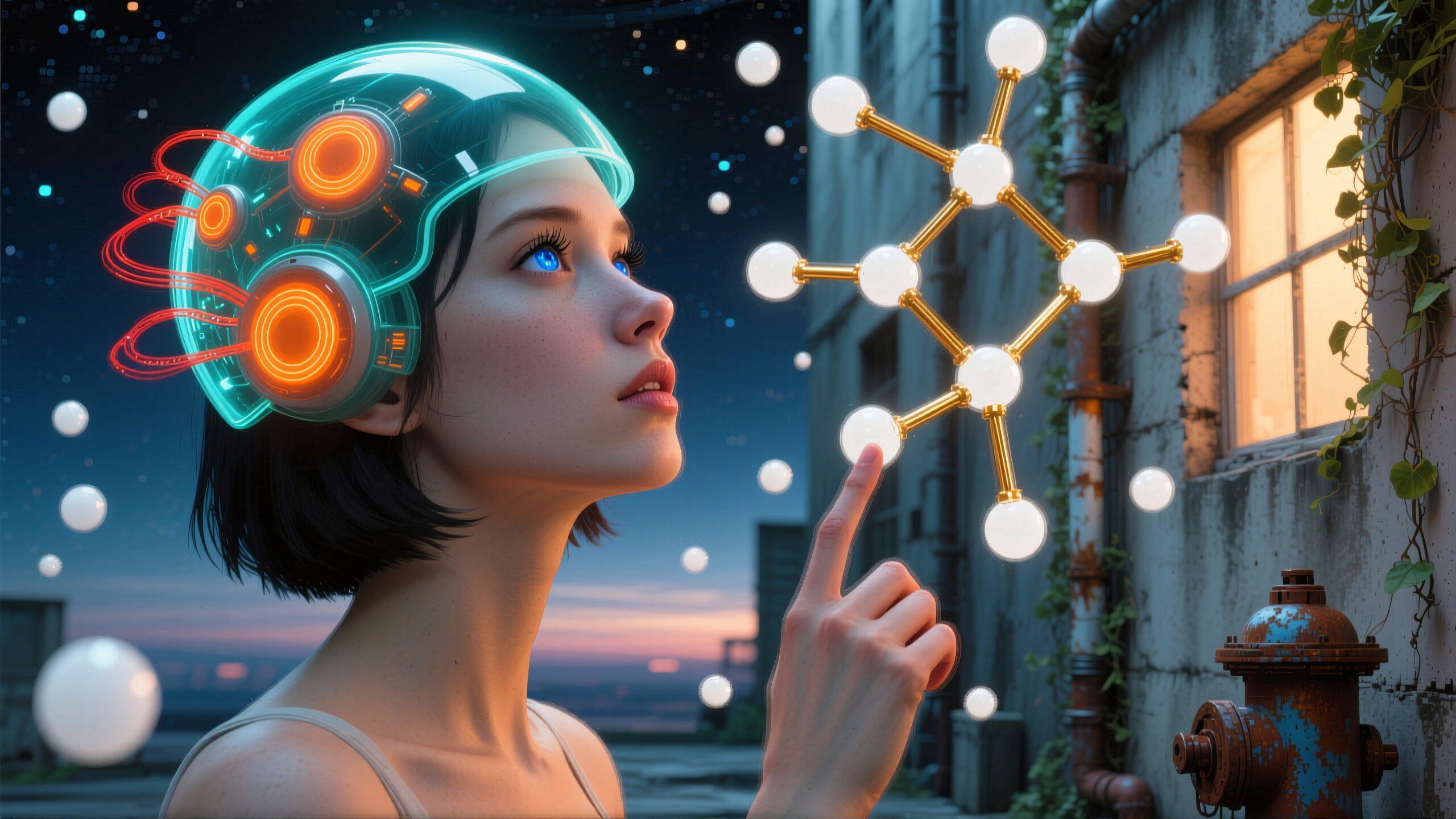 A futuristic woman reaches towards a glowing molecular structure in a starry alleyway.