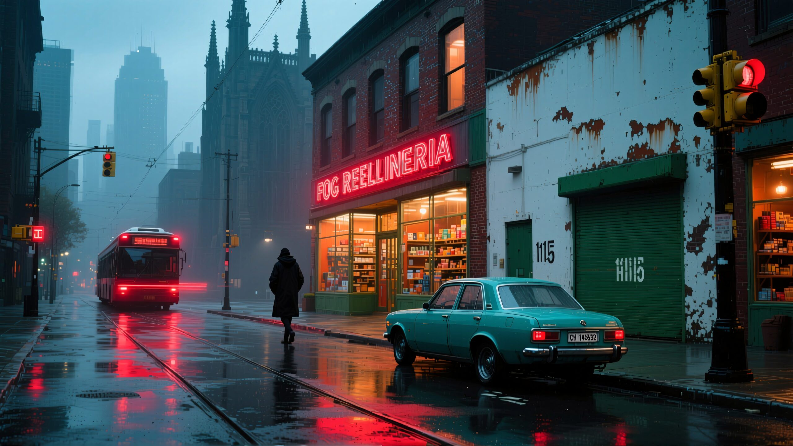 A rainy city street with neon lights reflecting on wet pavement, featuring a vintage car and a foggy urban backdrop.