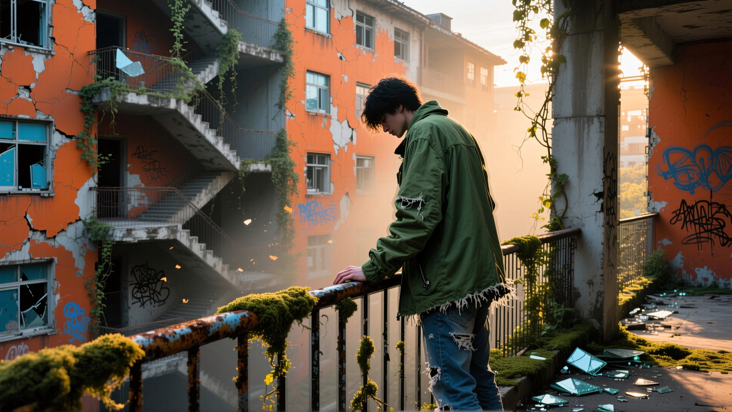 A person stands on a moss-covered balcony overlooking an abandoned, graffiti-covered building in a cityscape.