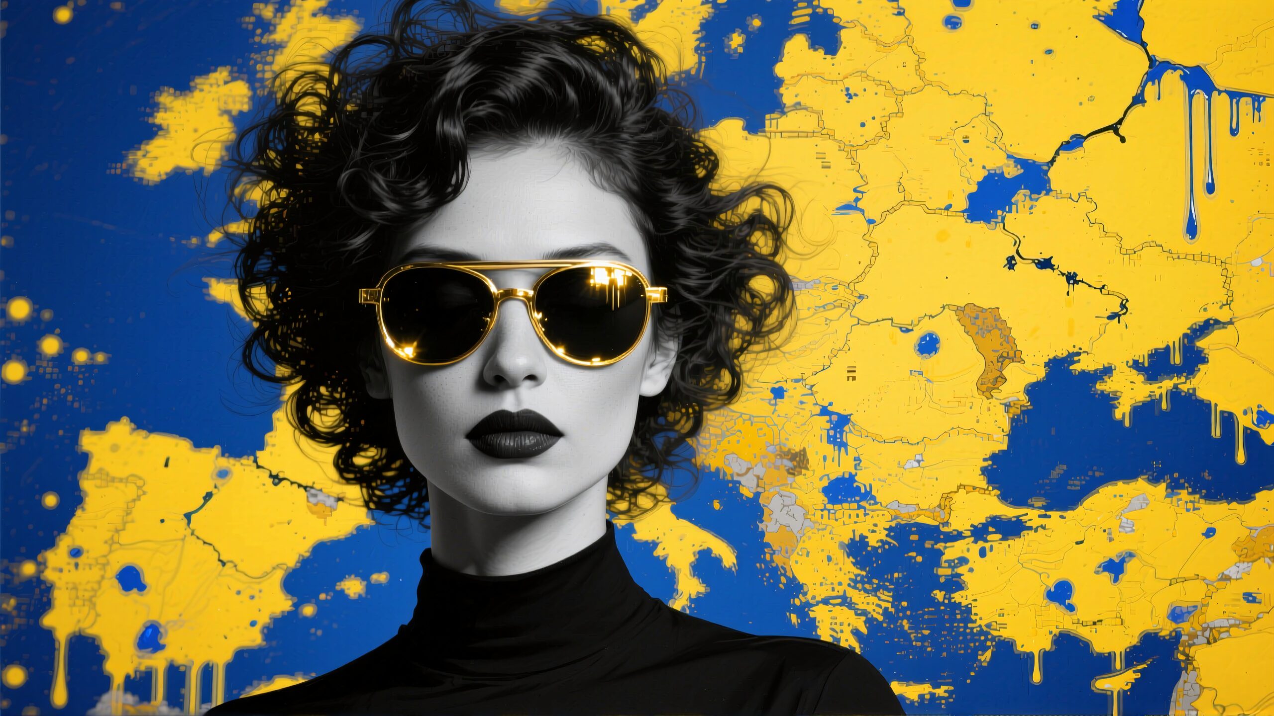 A stylish woman in sunglasses stands against a vibrant yellow and blue abstract background.
