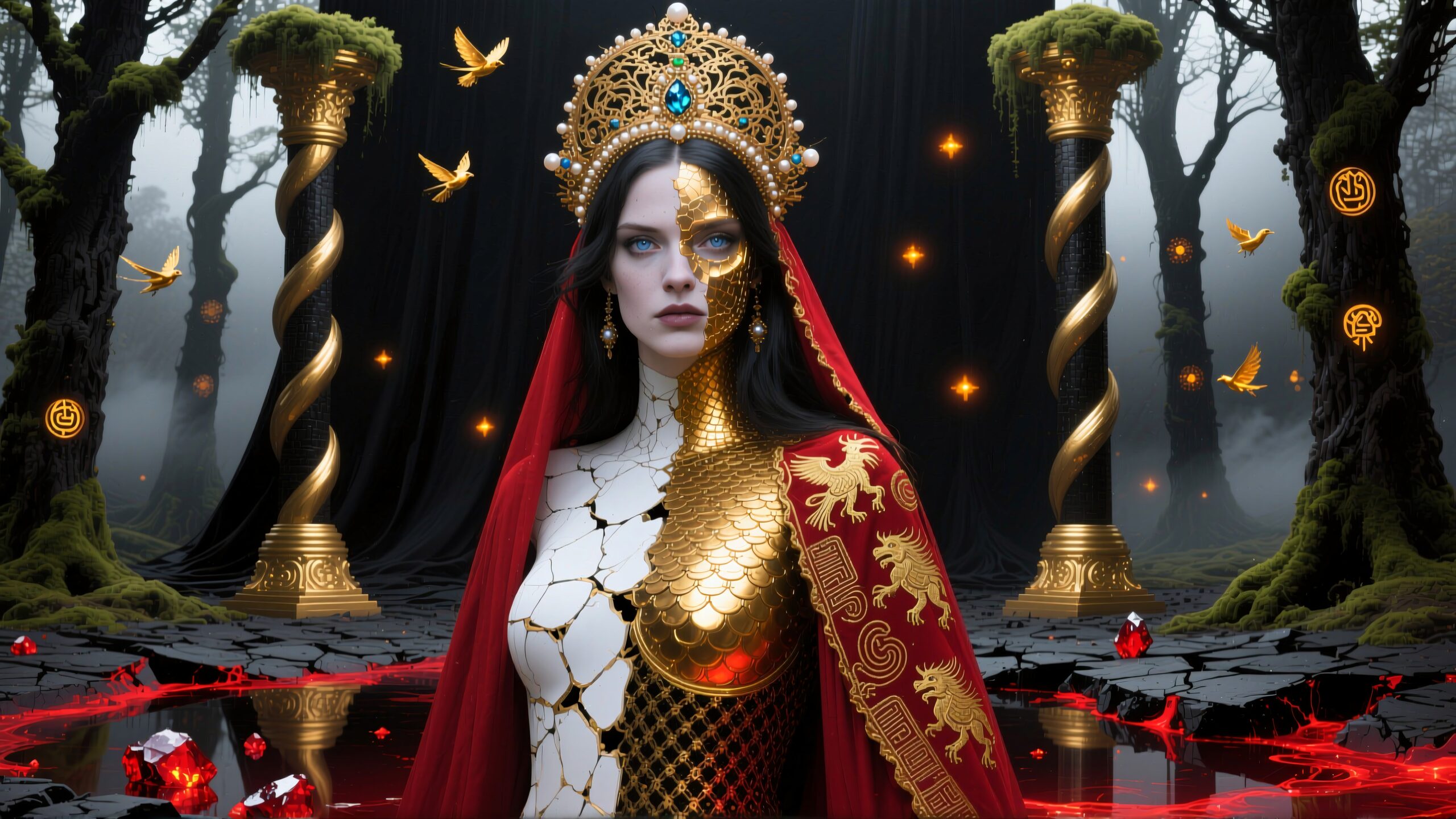 A regal woman with gold scales, crown, and cape in a mystical forest setting.