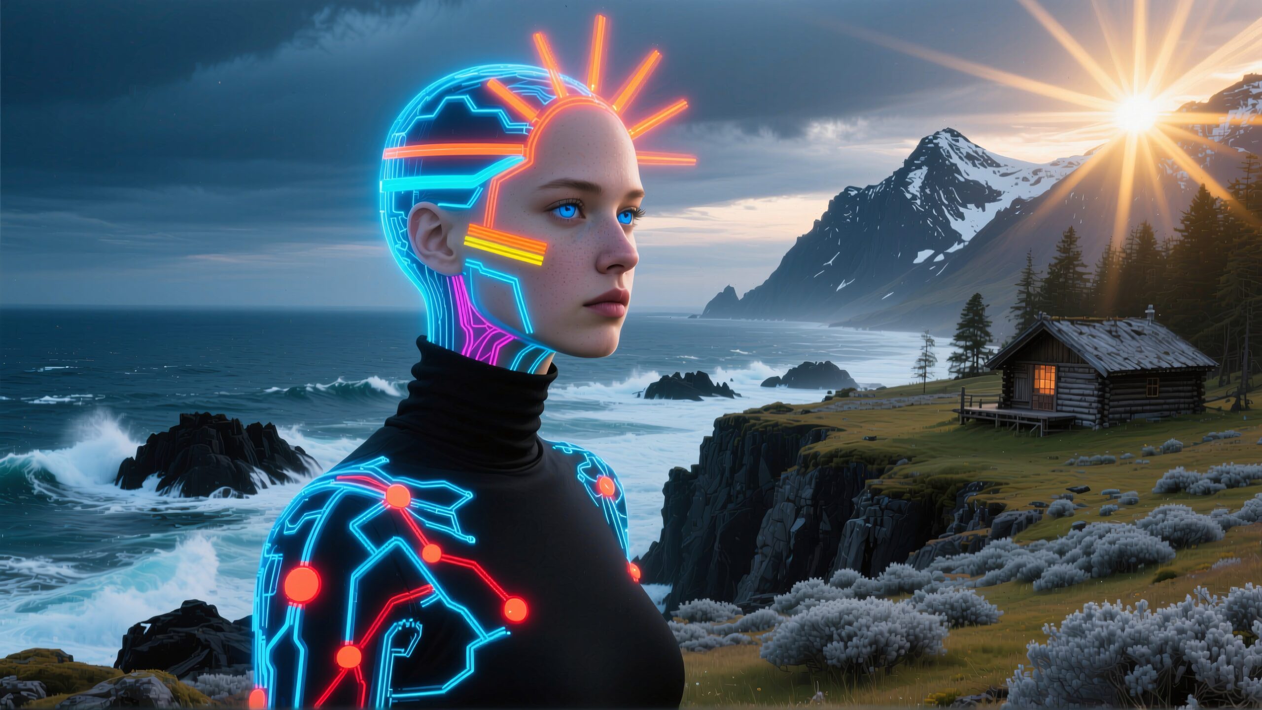 A digital futuristic figure with neon circuitry stands near rugged coastal cliffs amidst dramatic natural scenery, blending technology with nature.