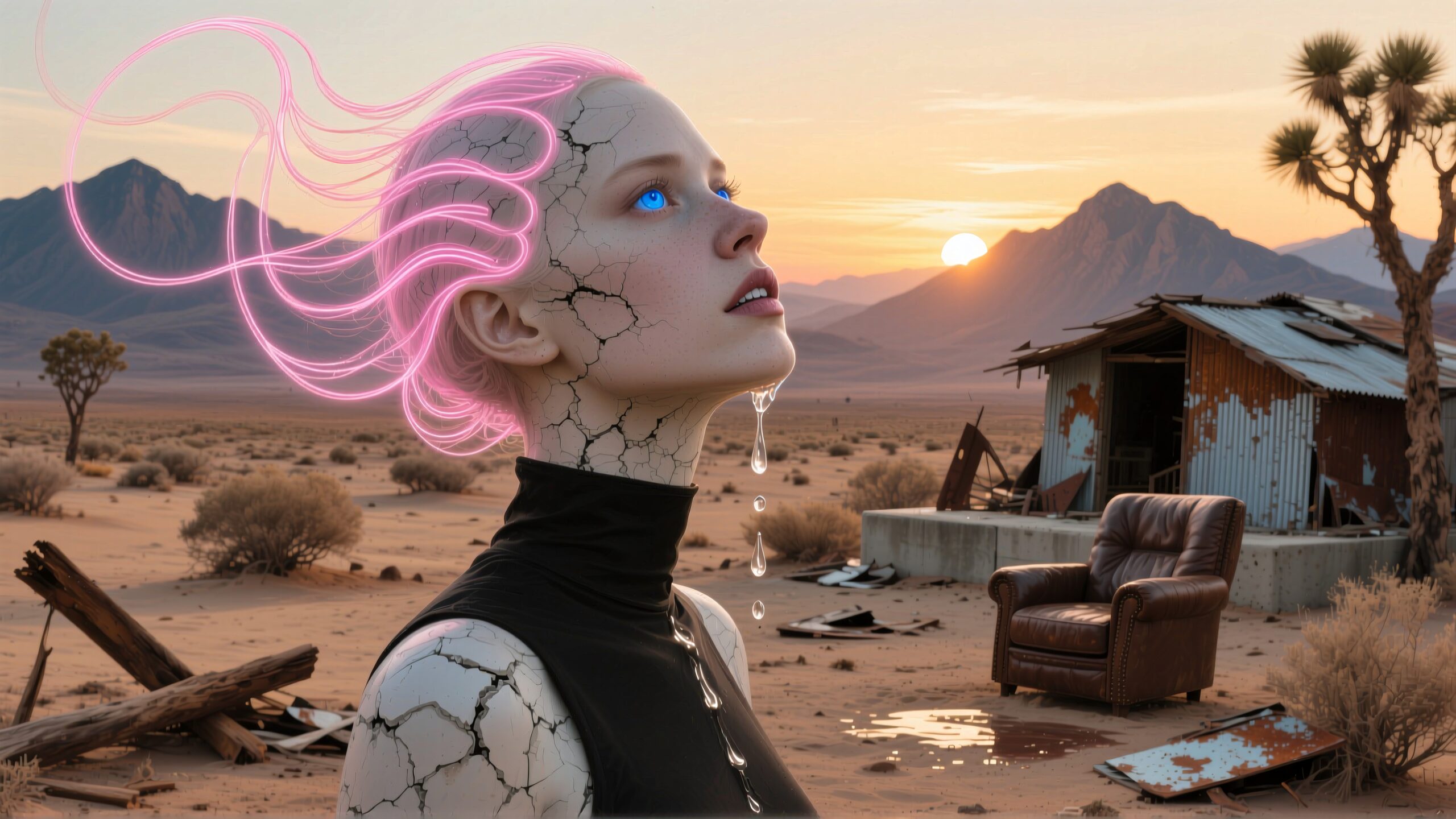 A futuristic humanoid with glowing lines stands in a desolate desert landscape at sunset.