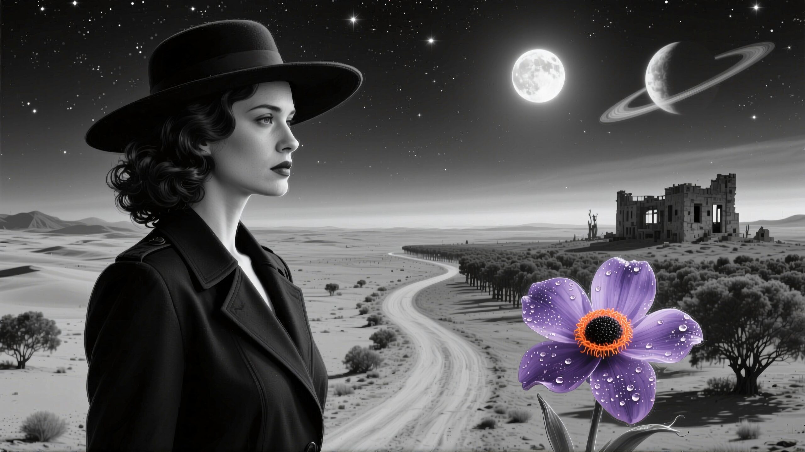 A contemplative woman in a hat stands in a grayscale desert with a vibrant purple flower, under a starry sky with a moon and planet.
