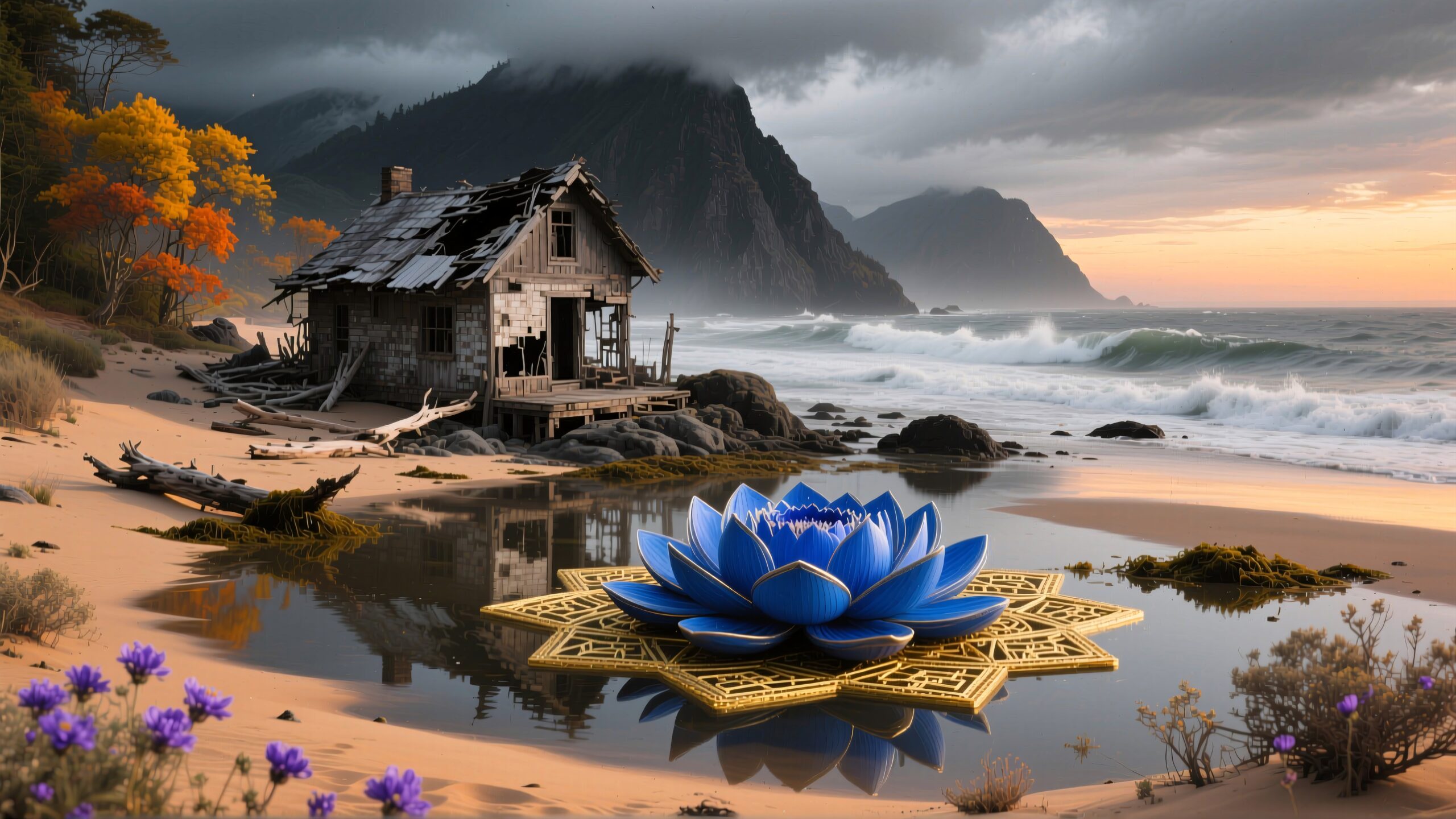 A blue lotus floats beside an abandoned house on a tranquil beach at sunset.