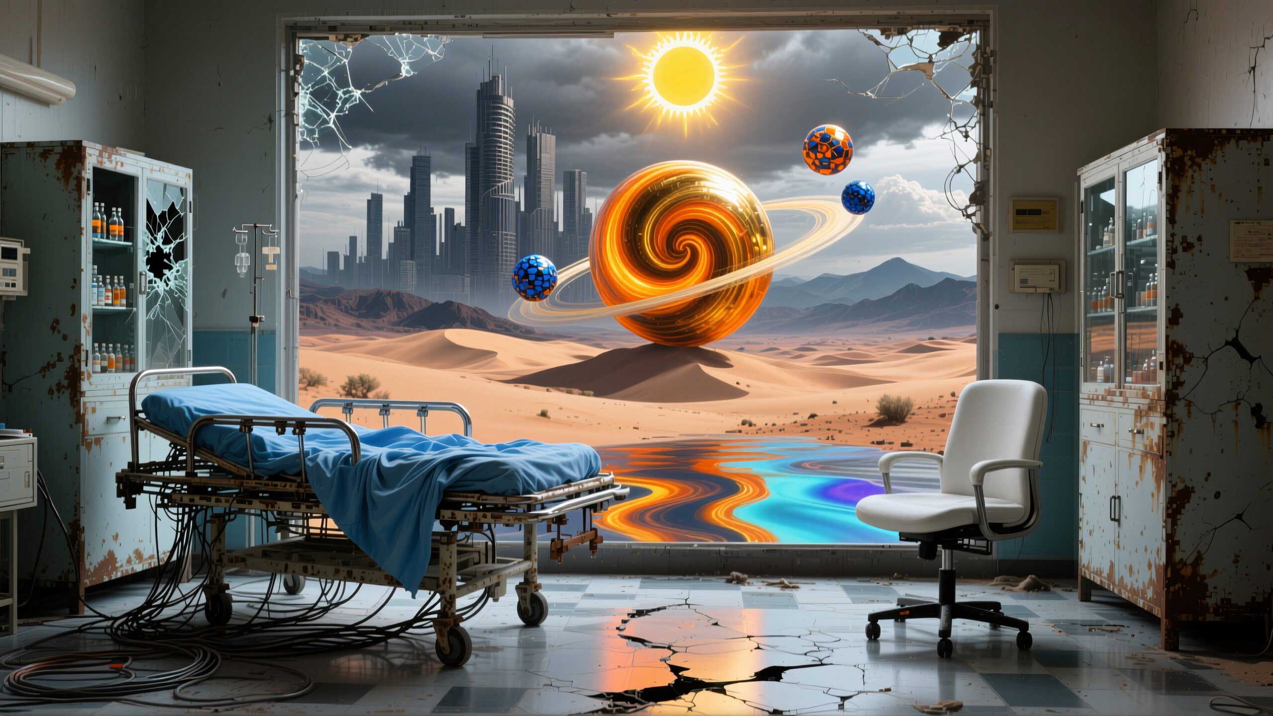 A surreal hospital room opens to a fantastical desert with a futuristic city skyline and swirling orbs.