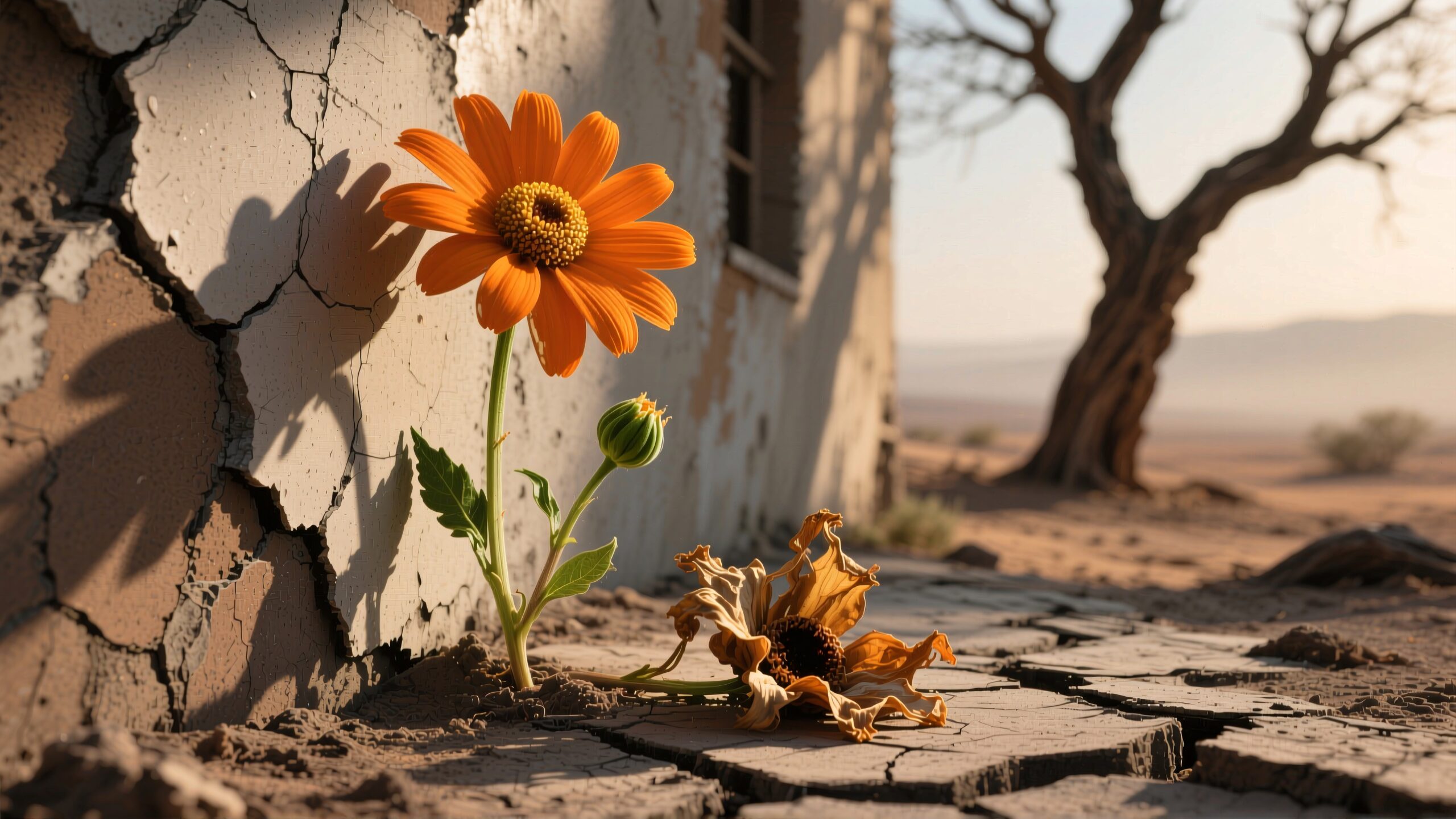 A vibrant orange flower blooms against a cracked wall amid a desolate, dry landscape.