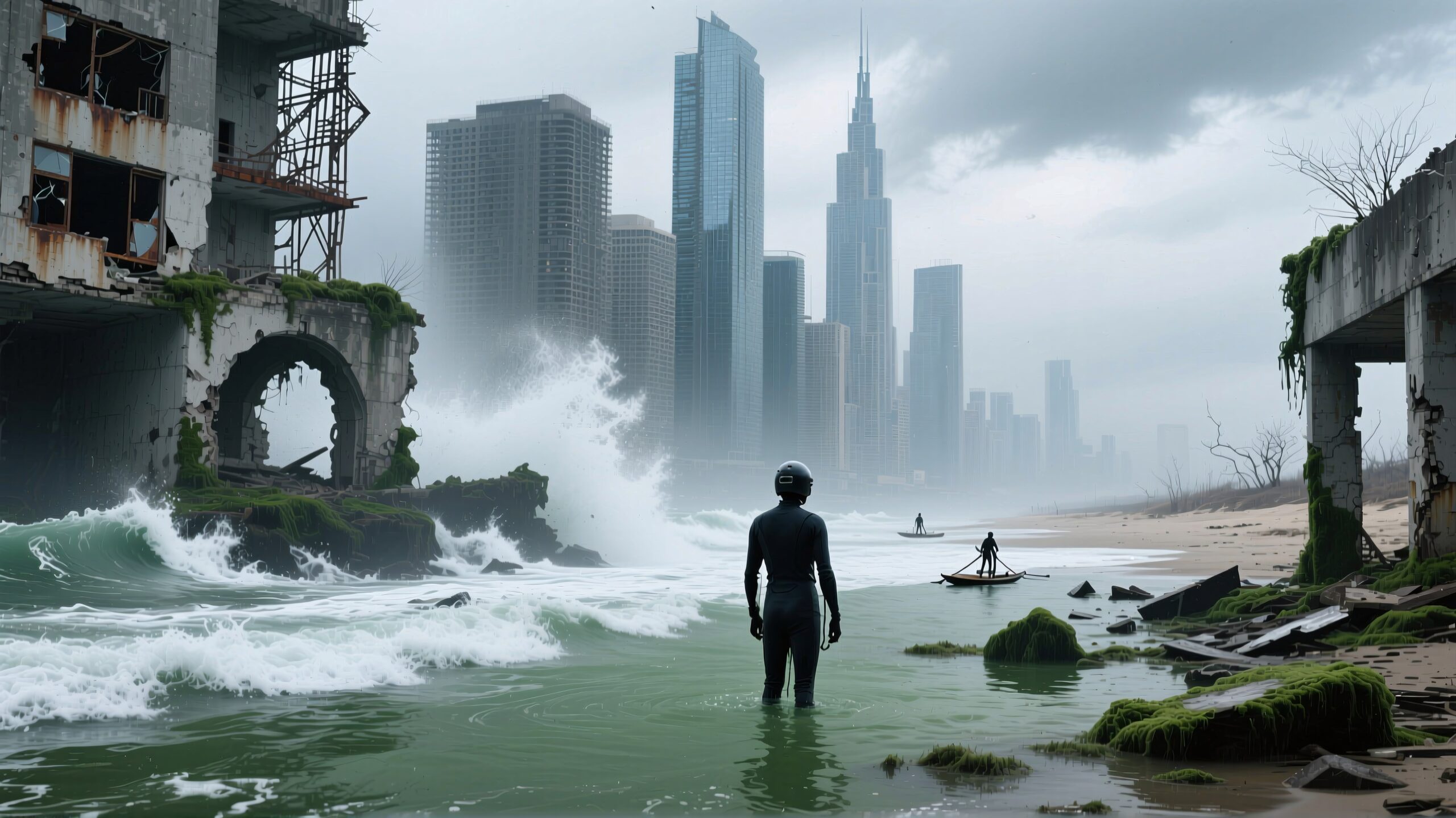 A person stands in water, observing crumbling ruins and skyscrapers.
