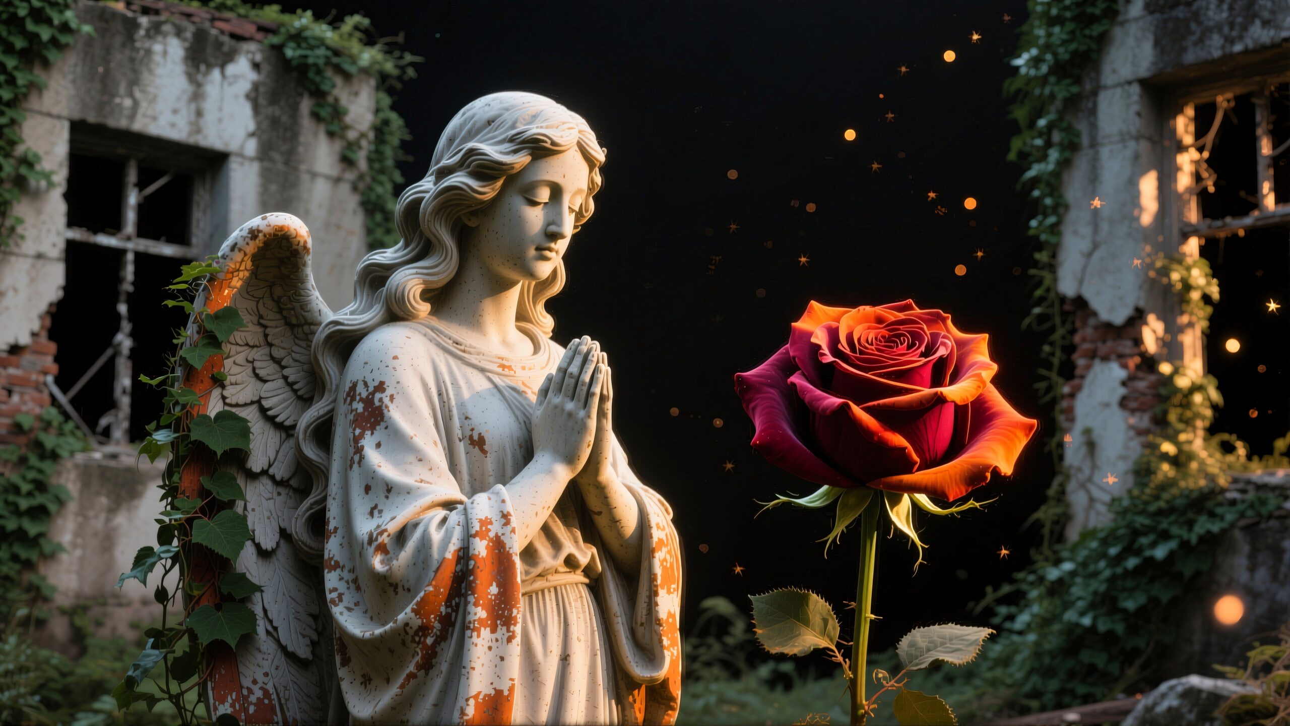 A serene angel statue stands beside a glowing red rose amidst a rustic, ethereal setting.