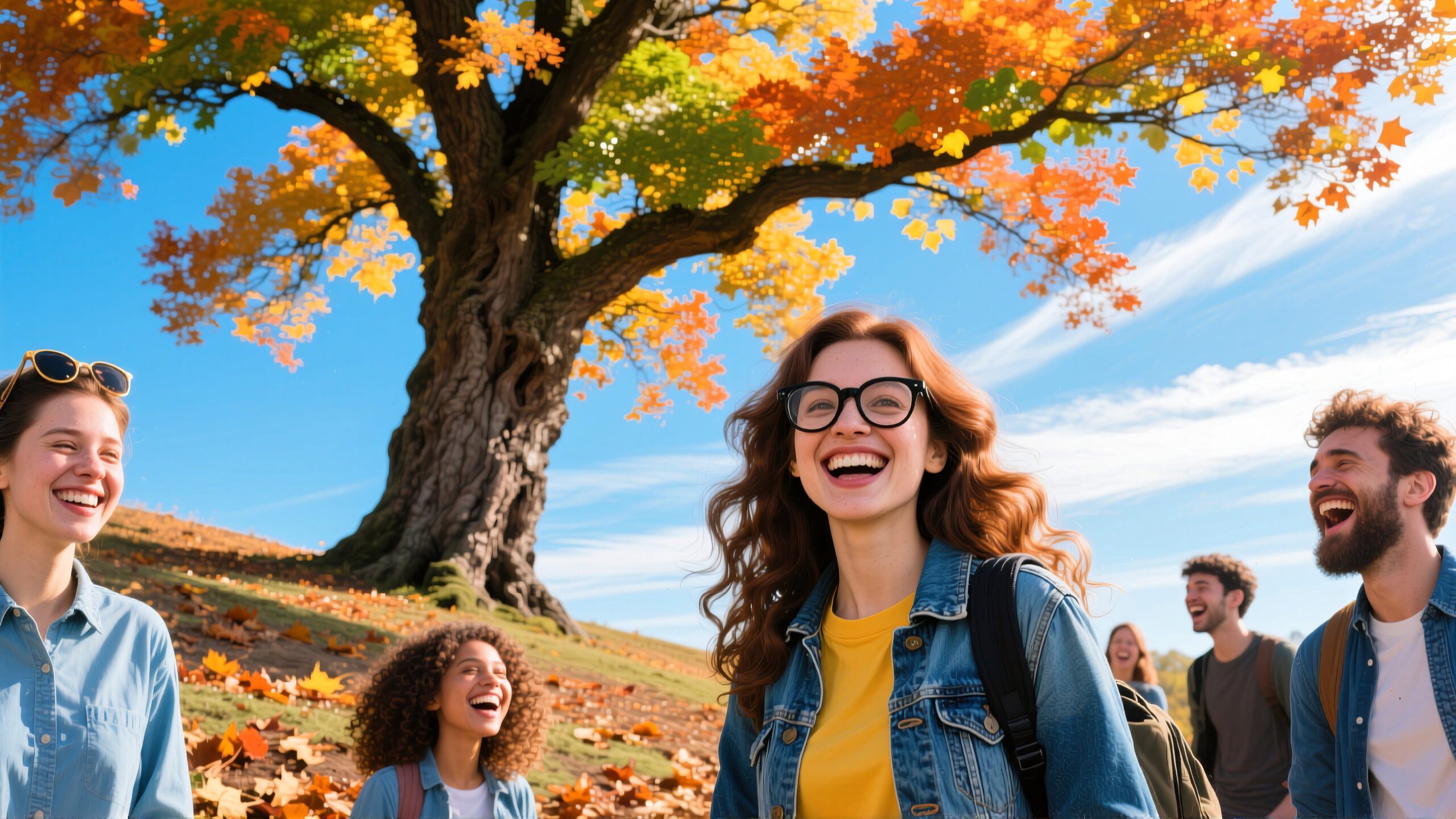A group of friends enjoying a sunny autumn day beneath a colorful tree, showcasing joy and togetherness.