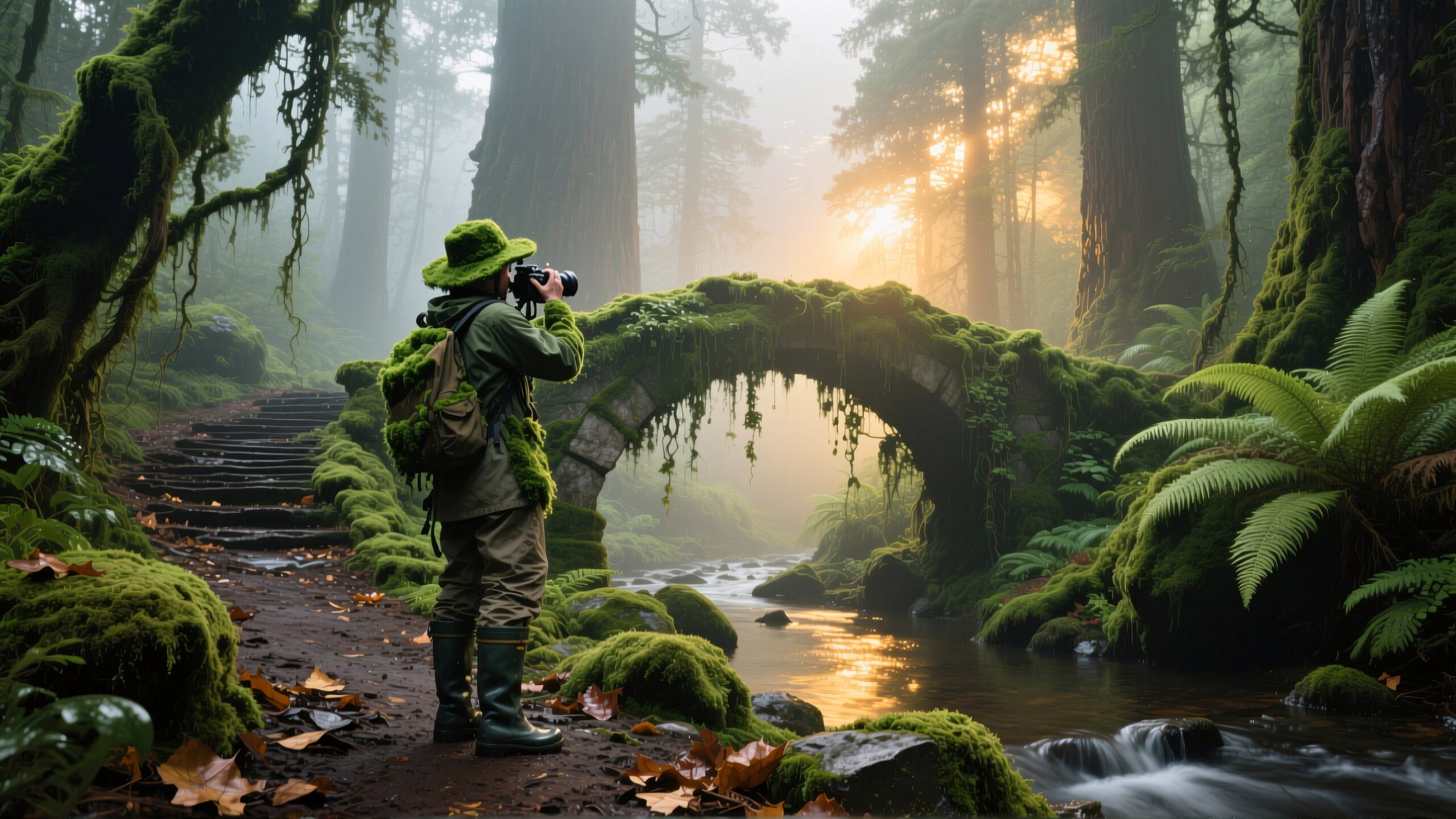 A photographer captures a sunrise in a misty forest with a moss-covered stone bridge and reflective stream.