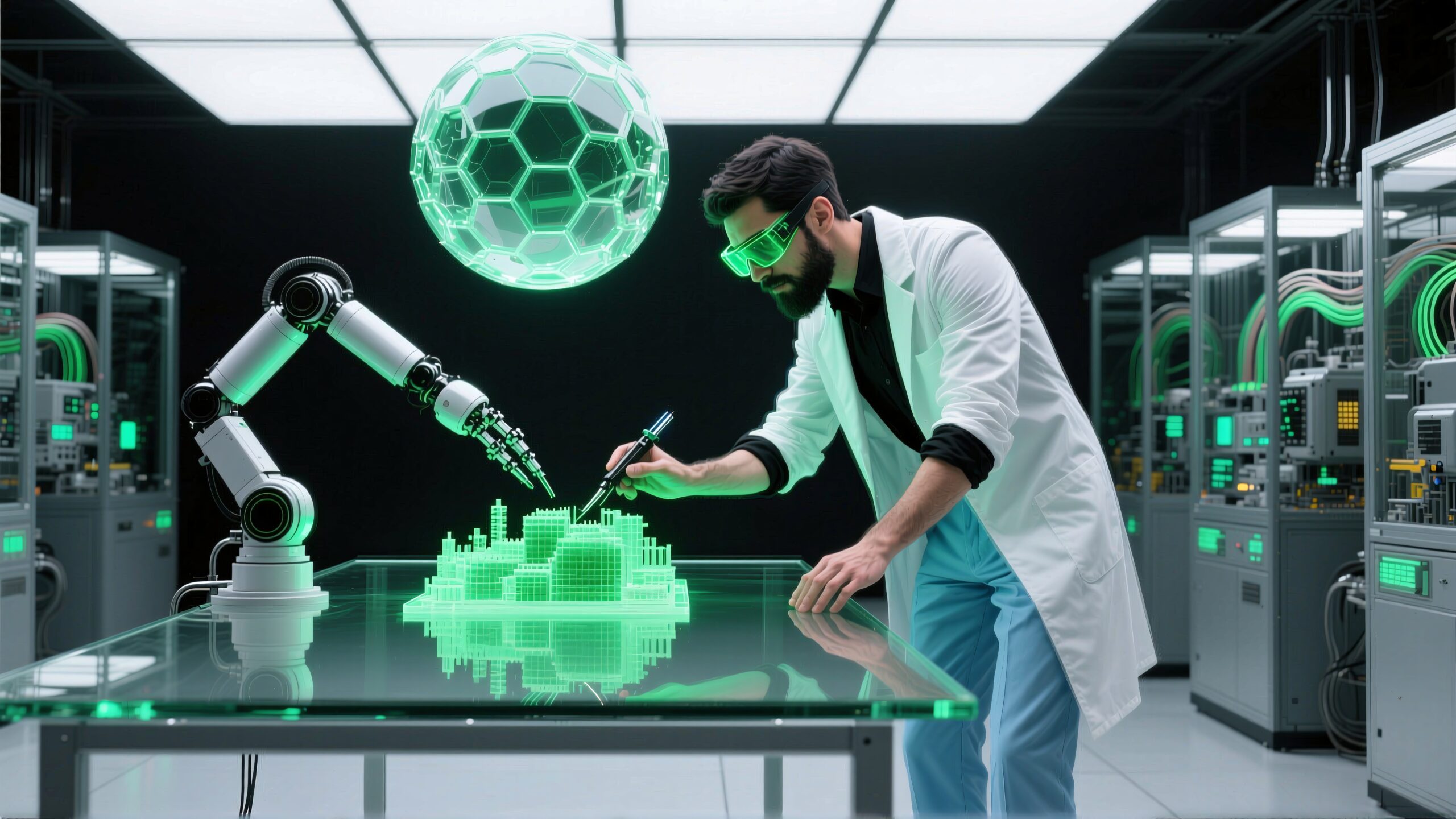 Scientist collaborates with robot on glowing city model in lab.