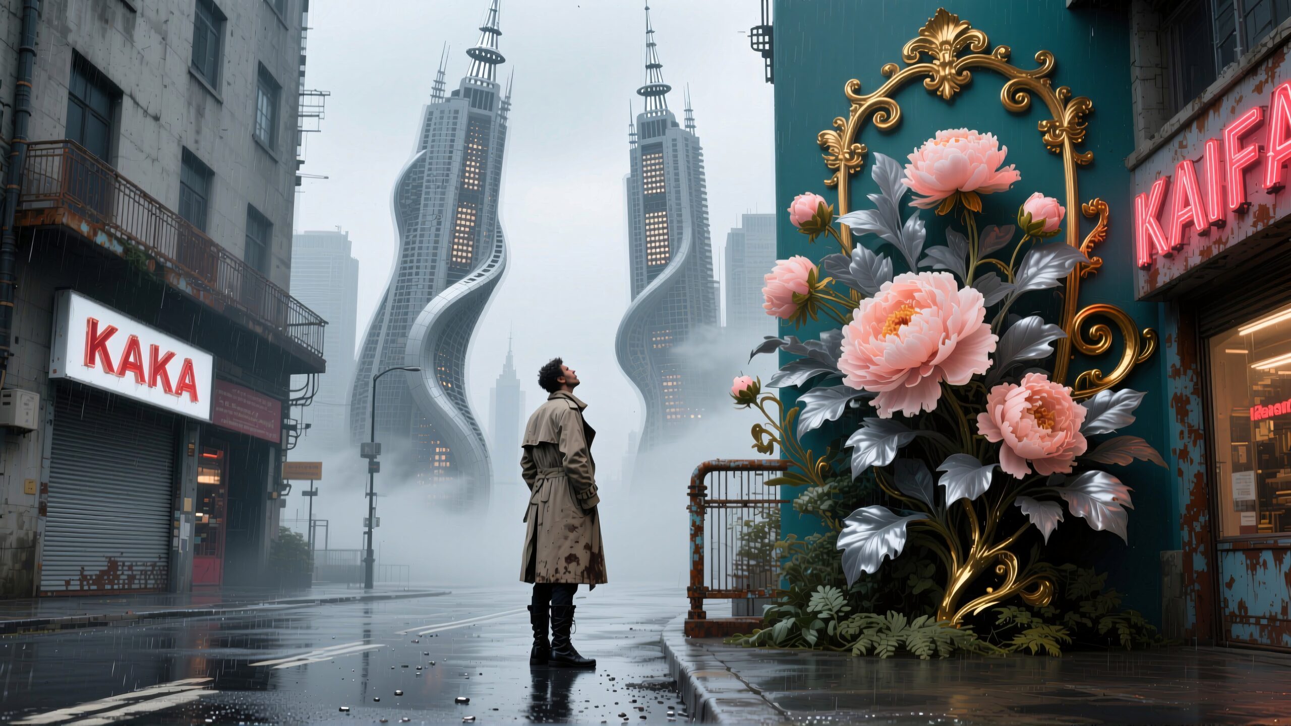 A man in a raincoat gazes up at twisting skyscrapers with pink flower art.