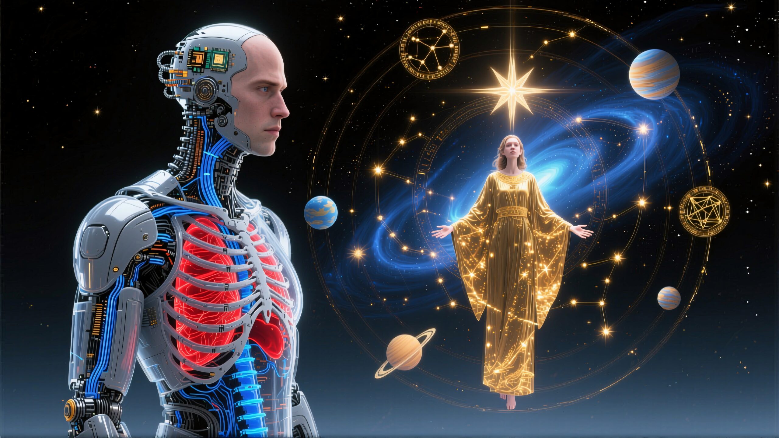 A humanoid robot with visible circuitry stands against a cosmic backdrop featuring a mystical figure in a glowing robe surrounded by celestial symbols.