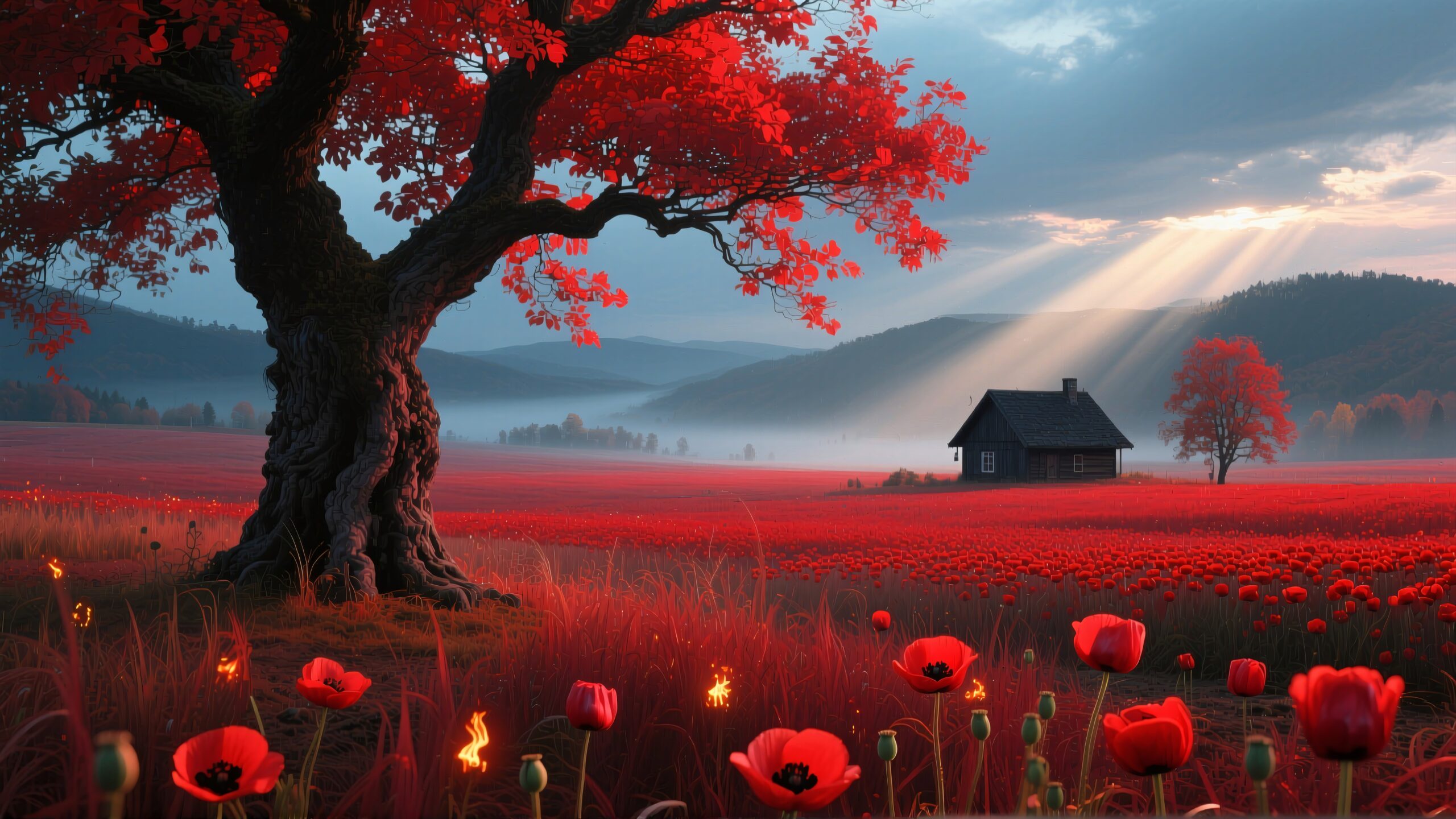 A scenic landscape featuring a large tree with red leaves, a rustic cabin, and a vibrant field of red flowers under a softly lit sky.