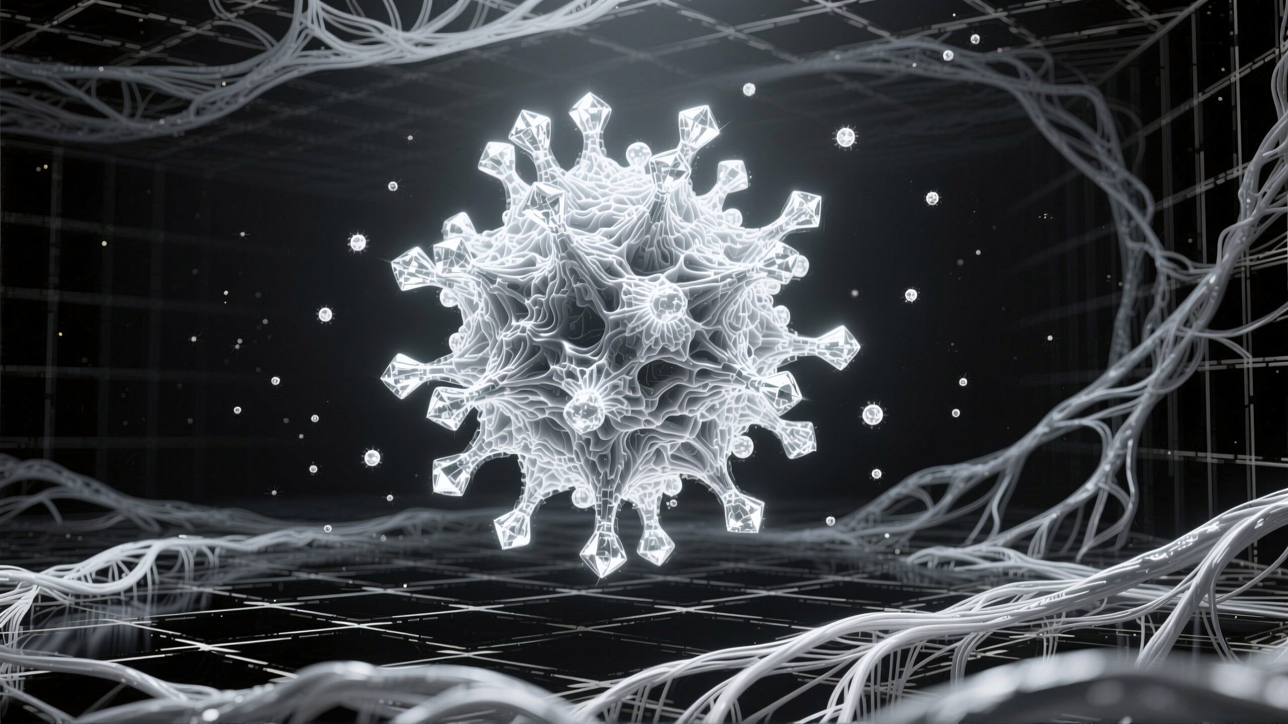 Futuristic molecular structure with spikes in digital grid.