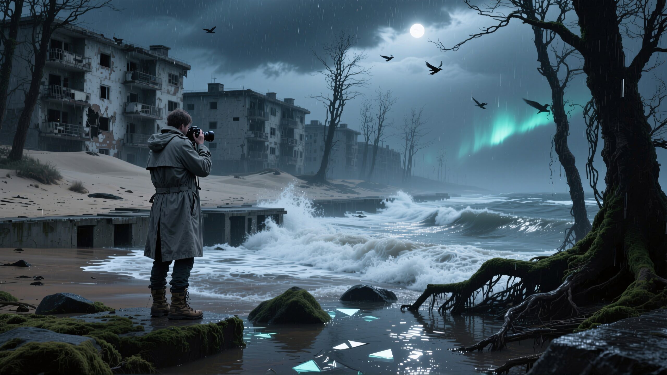 A lone photographer on a rocky shore captures crashing waves under a stormy sky, highlighted by the aurora borealis.