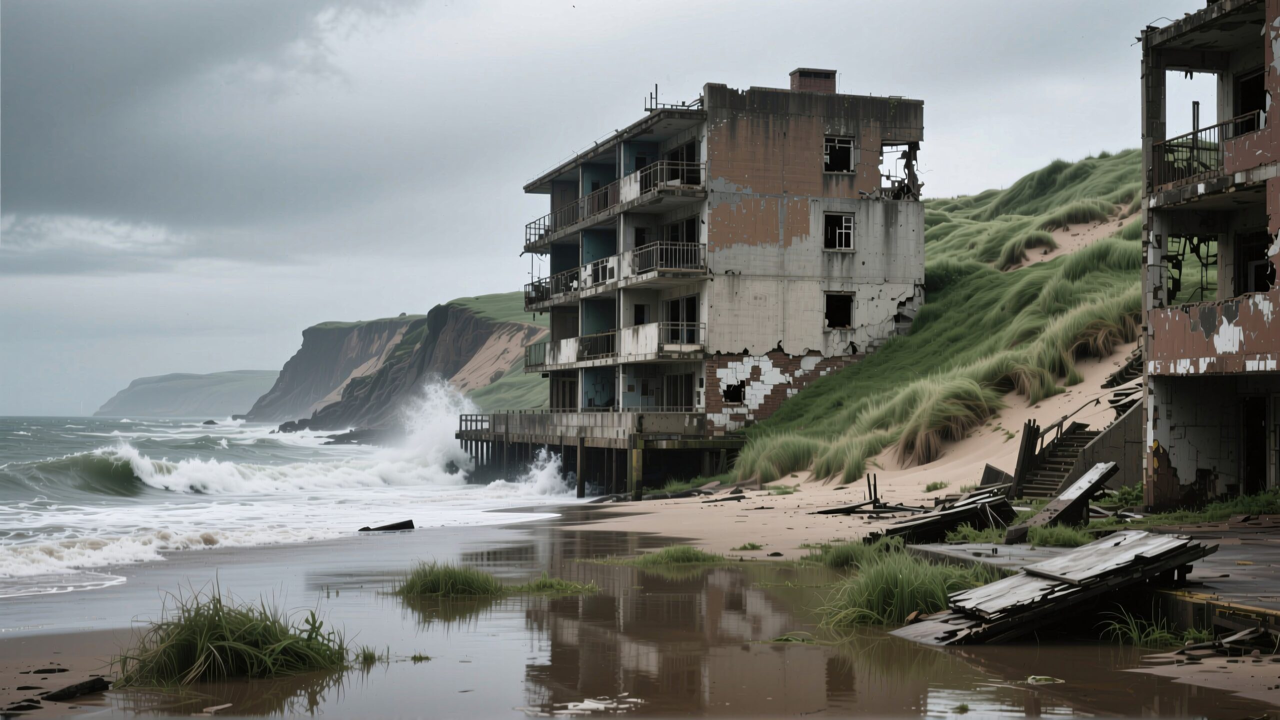 Abandoned seaside buildings against crashing waves.