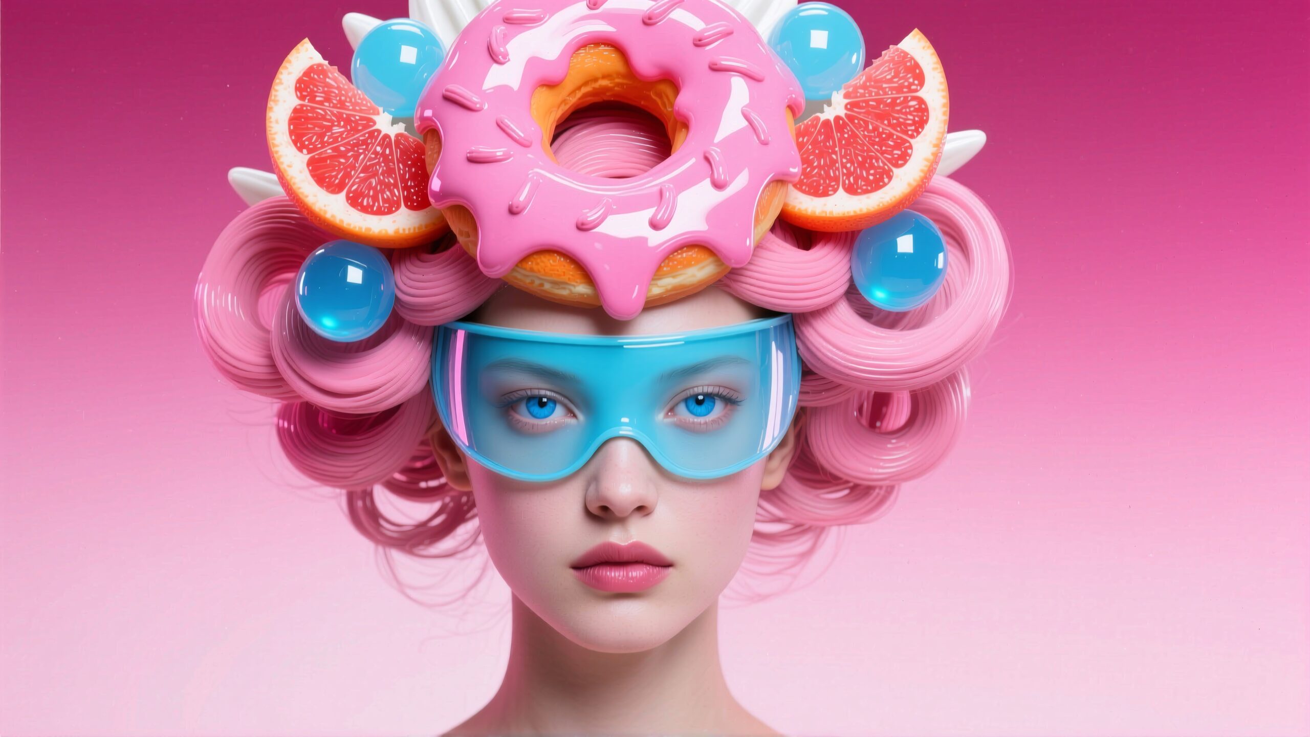 A surreal portrait of a woman with pink curls, donut headpiece, and blue goggles.