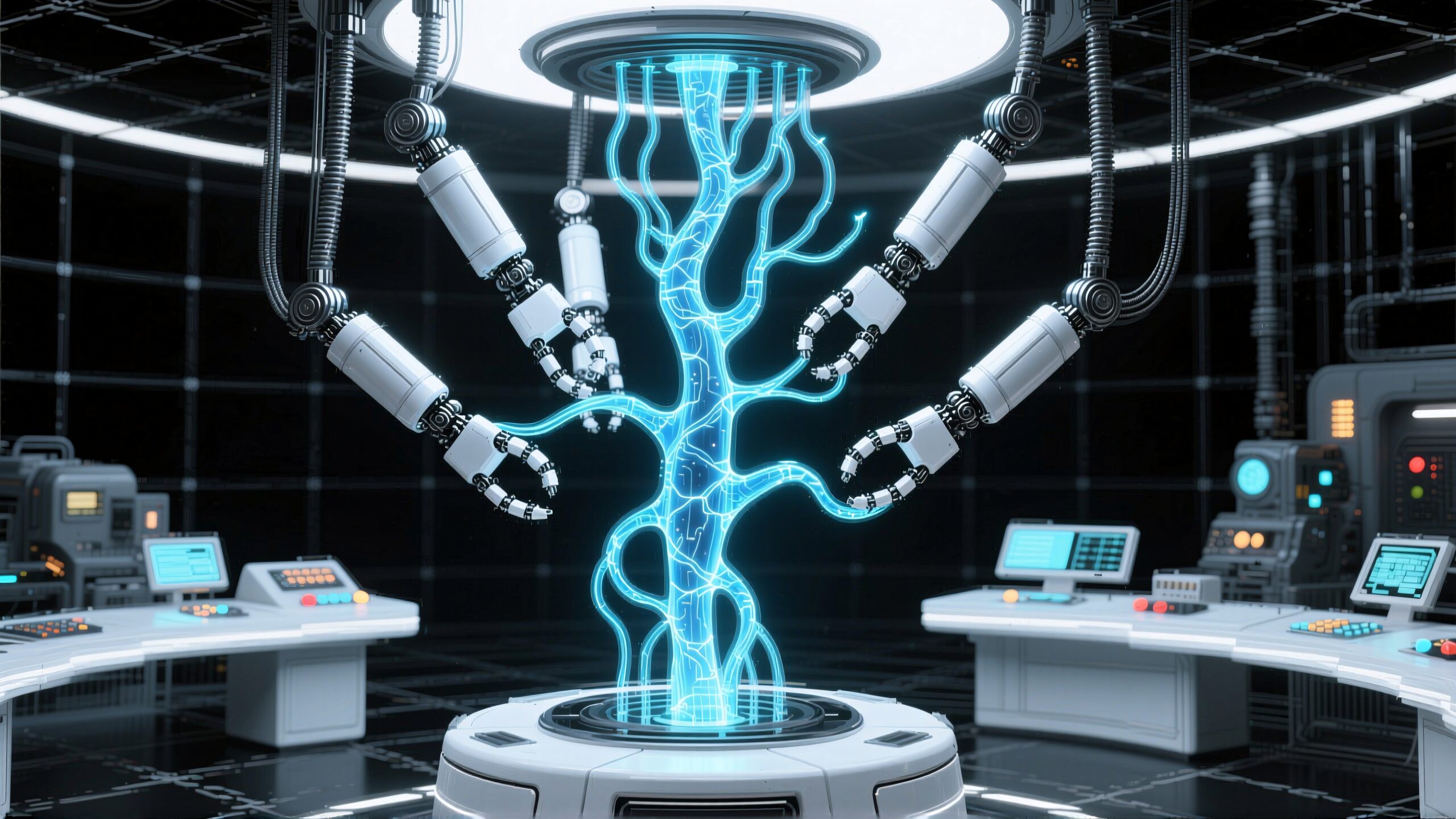 Image of a futuristic laboratory with robotic arms working on a glowing, neon-blue structure, surrounded by high-tech consoles and screens.