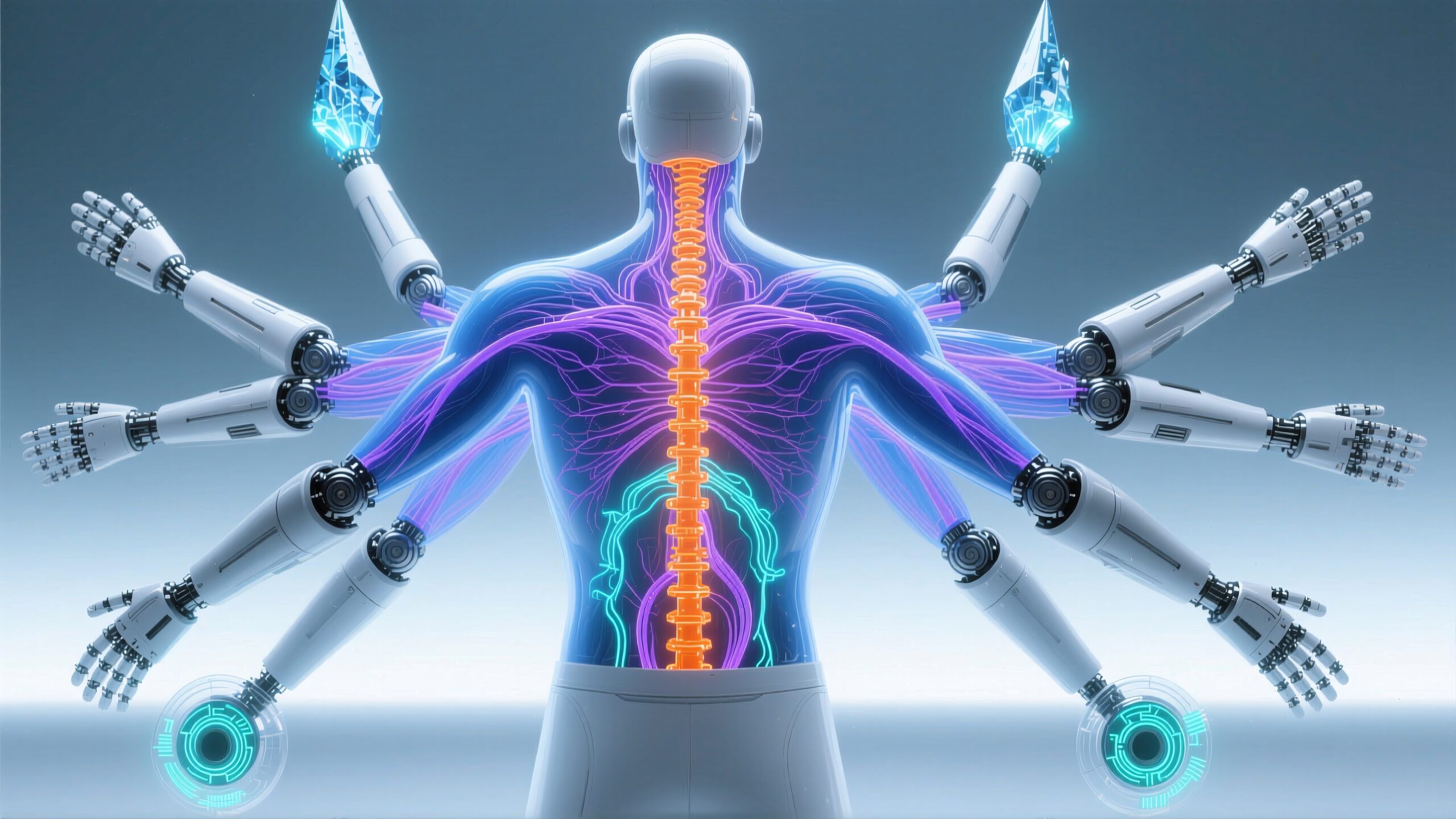 Futuristic humanoid with robotic arms integrated with glowing neural network and crystalline light elements.