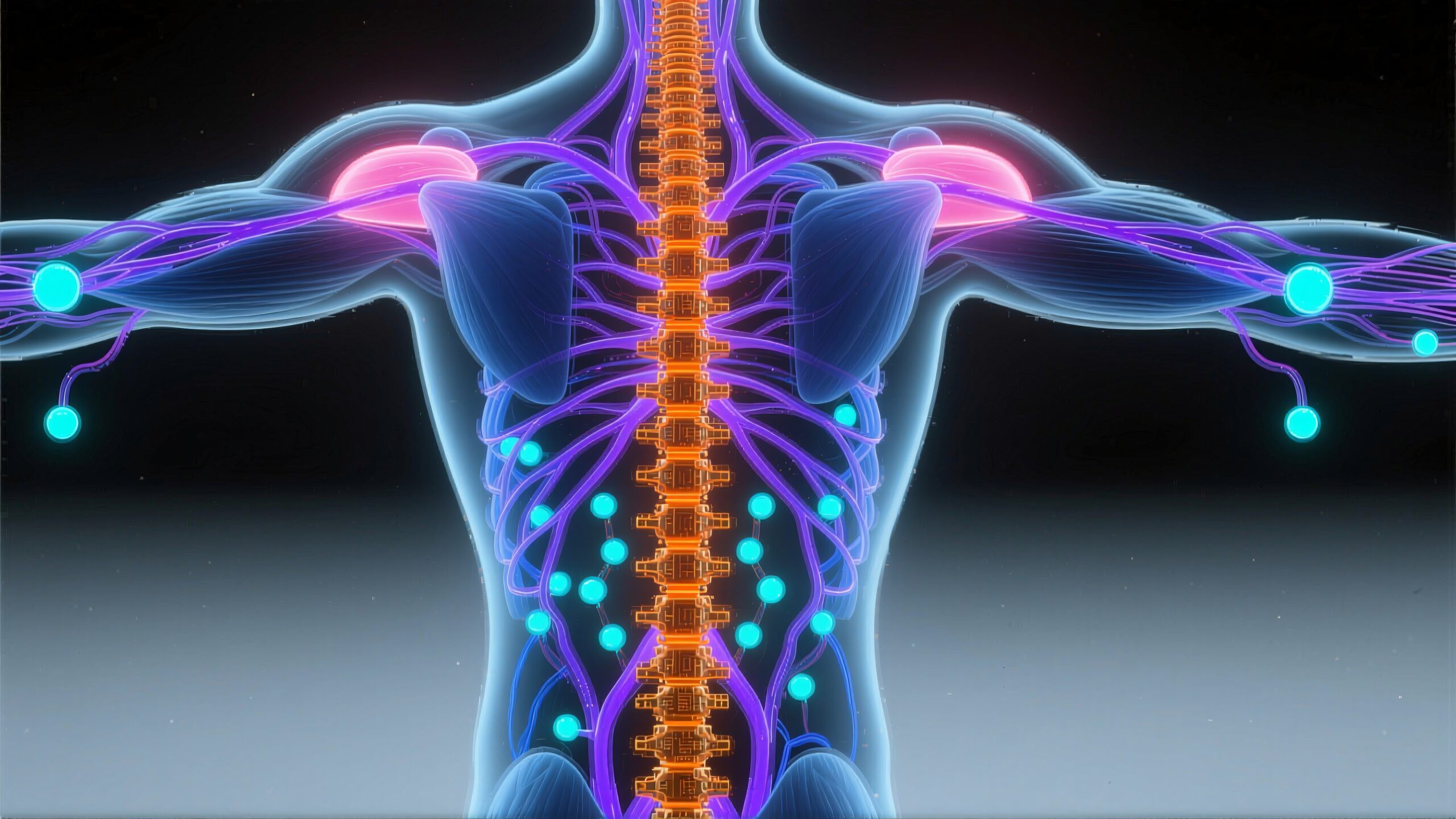 "Illustration showing human nervous system anatomy focusing on spine and nerves."